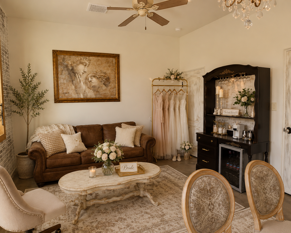 Elegant living room with brown sofa, floral paintings, cream curtains, vintage coffee table with flower arrangement, white armchair, ornate dining chairs, black bar cabinet with drinks, and wedding dresses on a rack.