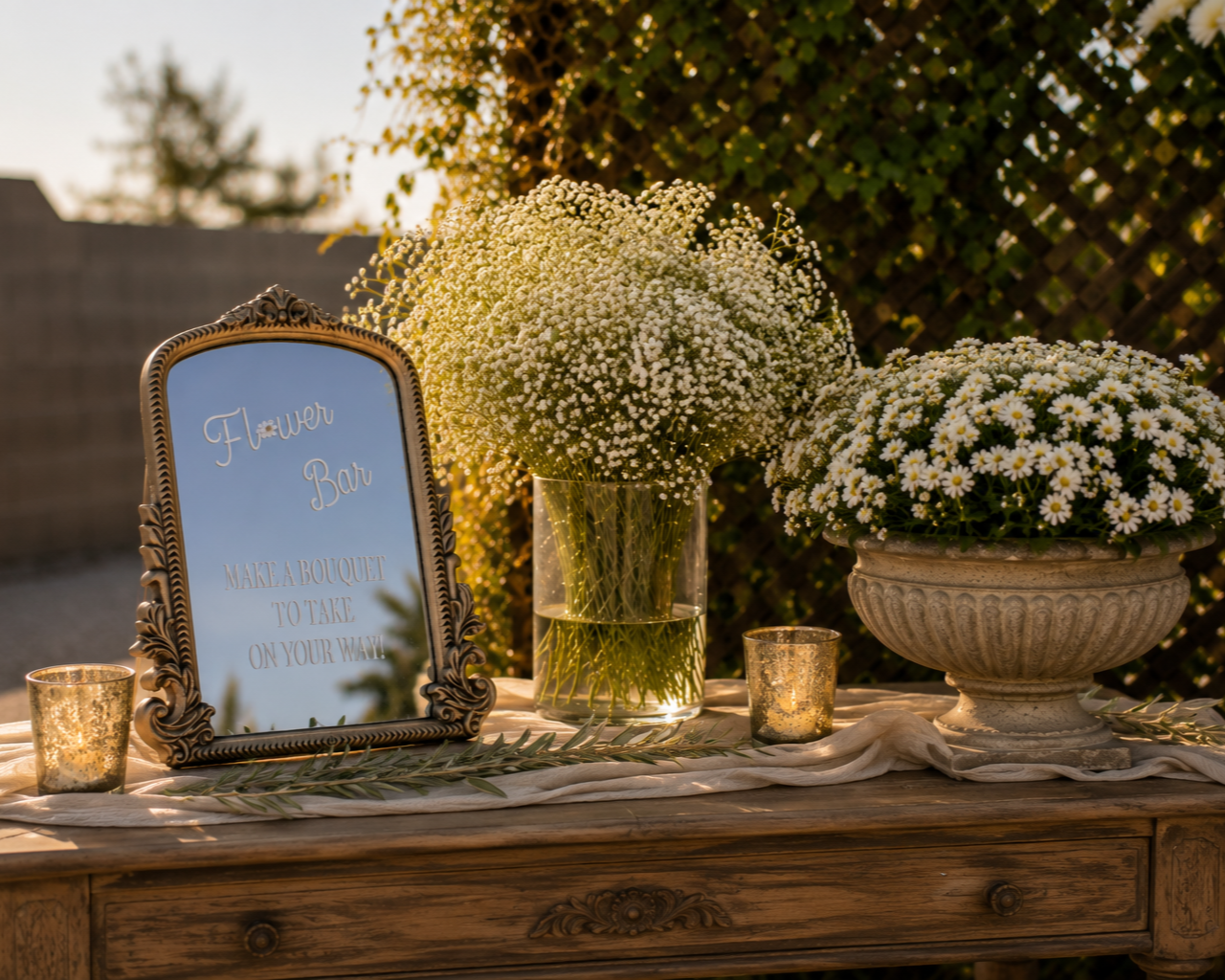 Decorative wooden table with two large flower arrangements of white daisies and baby’s breath, a vintage mirror with a sign reading "Flower Bar - Make a bouquet to take on your way!", and small candle holders with candles, set outdoors during sunset.