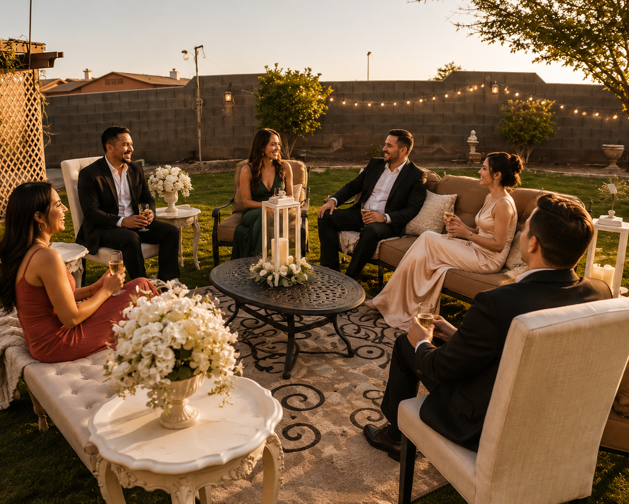 A group of seven people in formal attire sitting in a backyard during sunset, sharing drinks and laughing, with string lights, floral decorations, and a decorative table with candles and flowers.