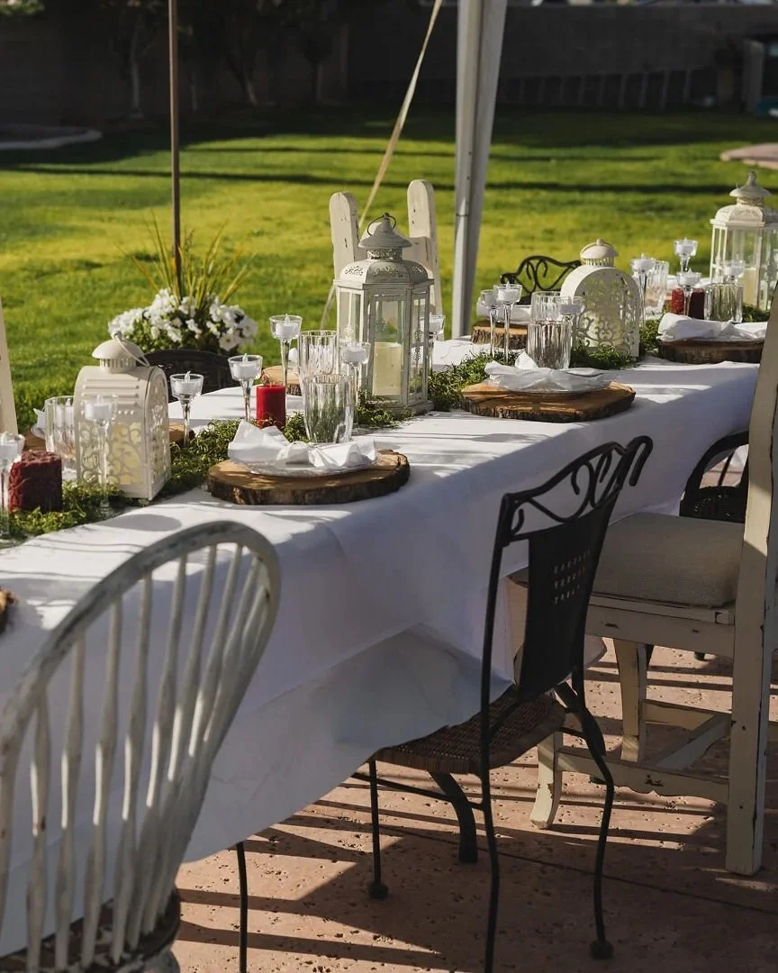 Elegant outdoor dining table prepared for a private celebration at Villa de la Meza.