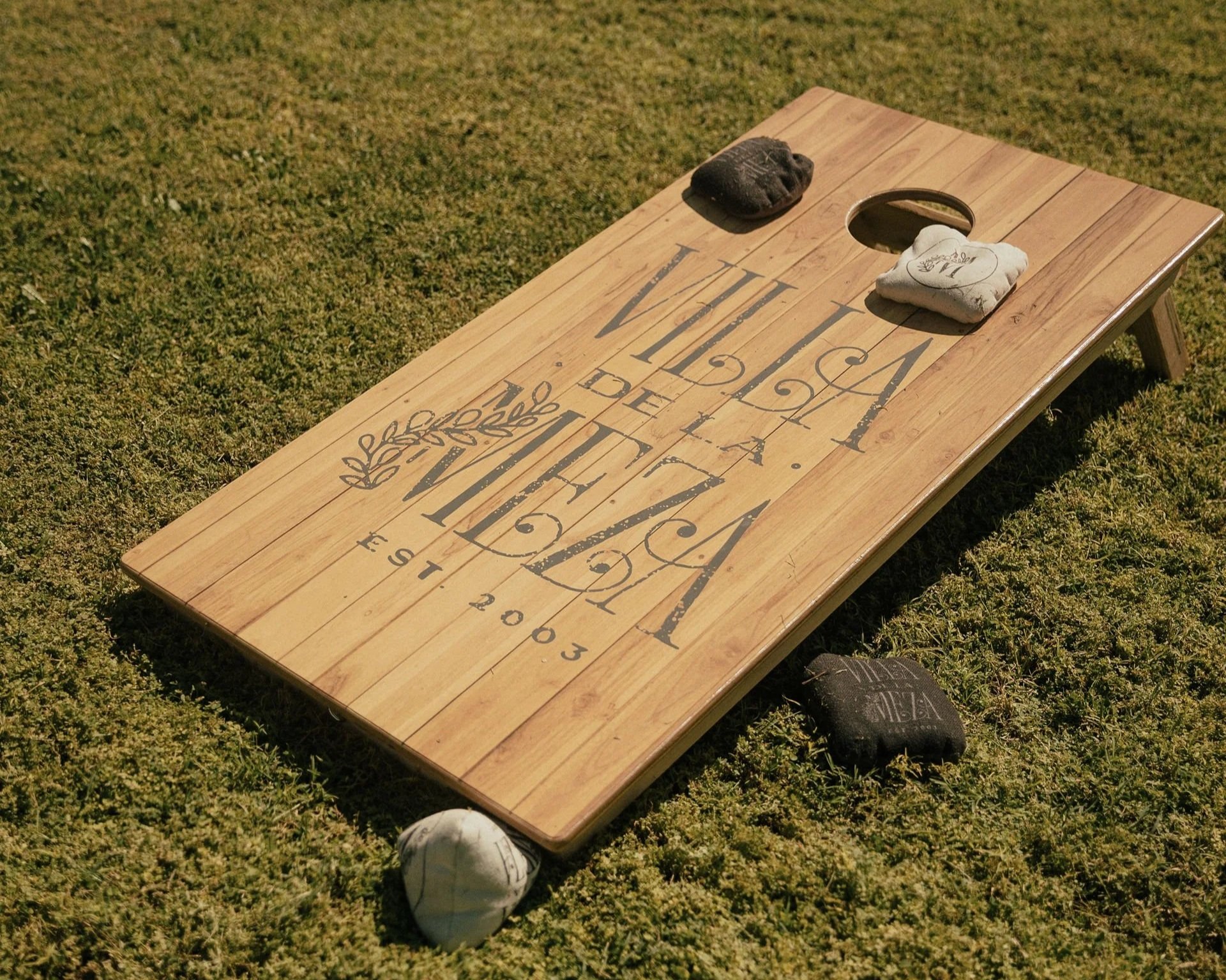 Custom outdoor lawn games for wedding guests at Villa de la Meza in Yuma, Arizona.