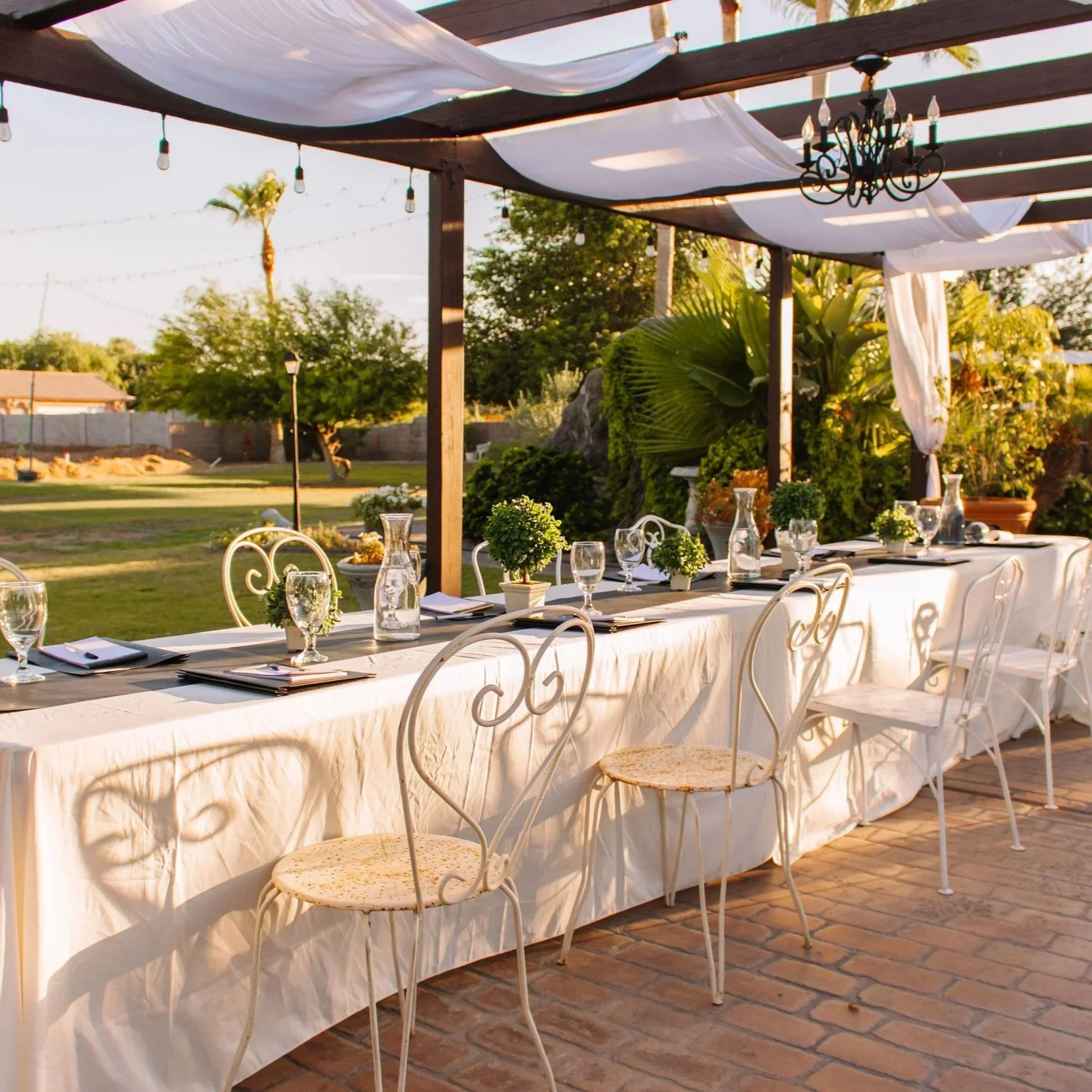 An outdoor celebration table set with white tablecloth, glassware, potted plants, and chairs under a pergola with white drapery, string lights, and a chandelier. Trees, palm trees, and a brick patio surround the setting.
