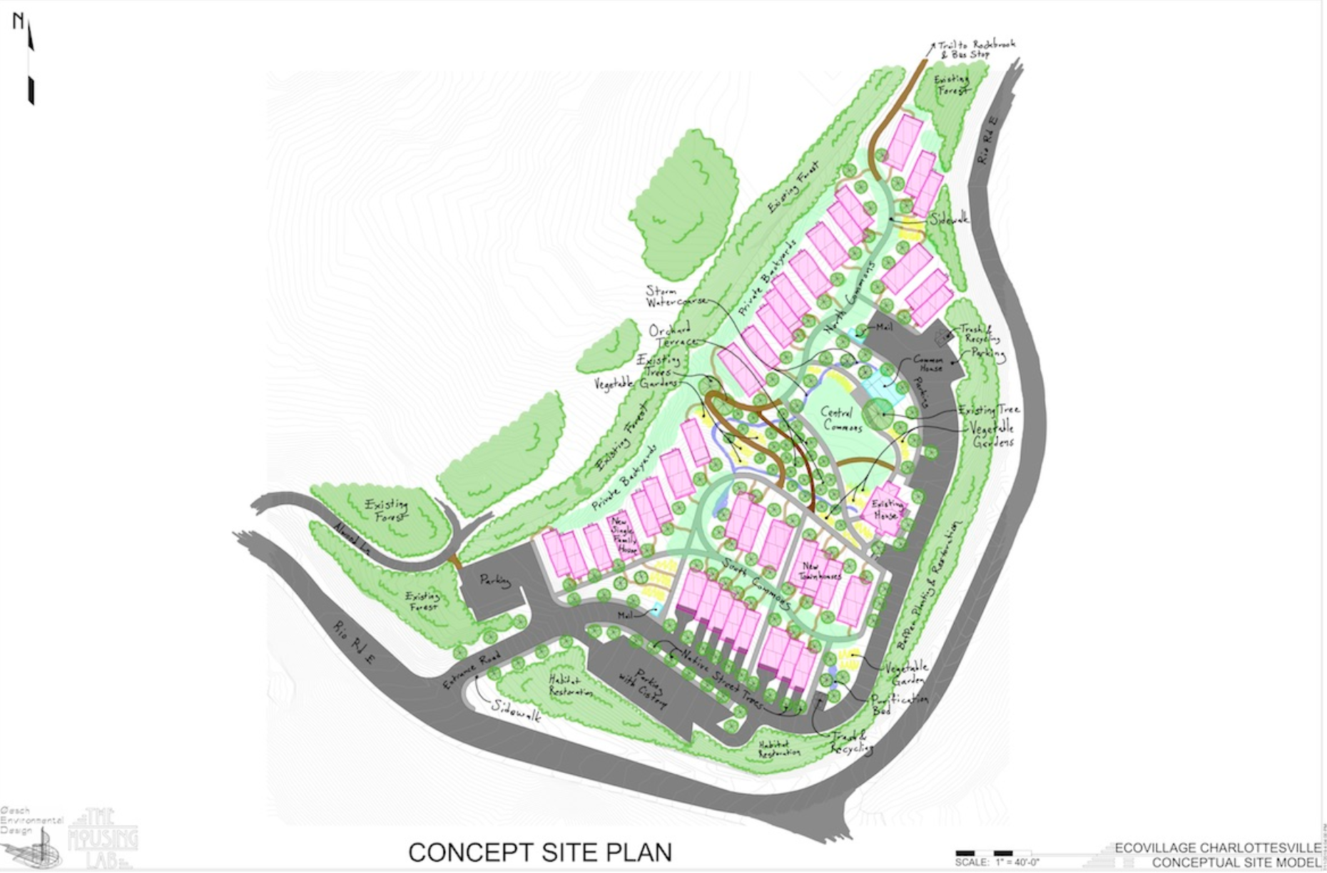 Parking and roads are on the periphery.
