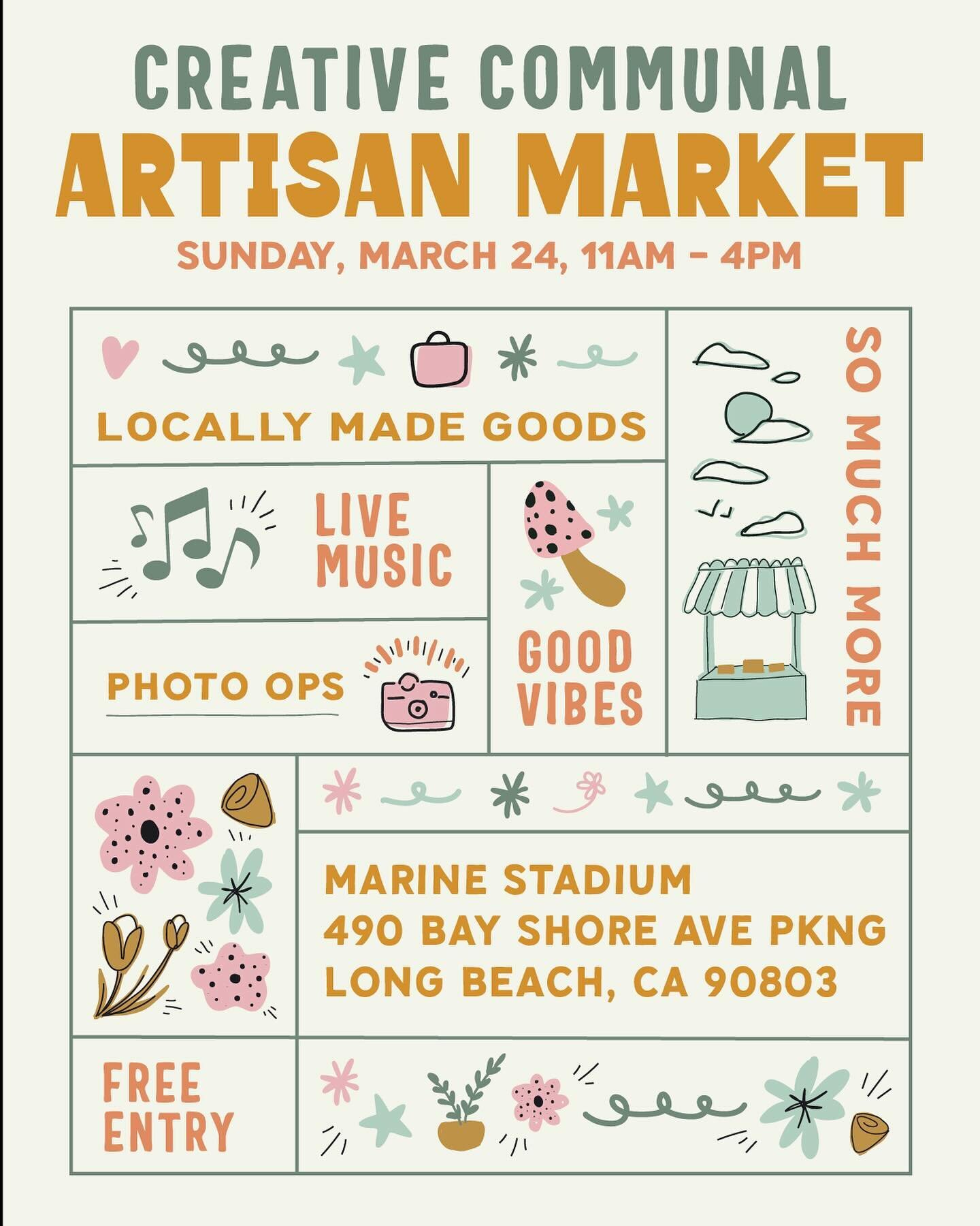 Long Beach Fam,
We have missed you! Help kick off our first Long Beach Artisan Market of the year in a beautiful new location!
Find artisan goods and gifts from LOCAL MAKERS. - find something for everyone! 🌞

🐰 FREE Easter Bunny Photos 11AM-2PM
☕ C