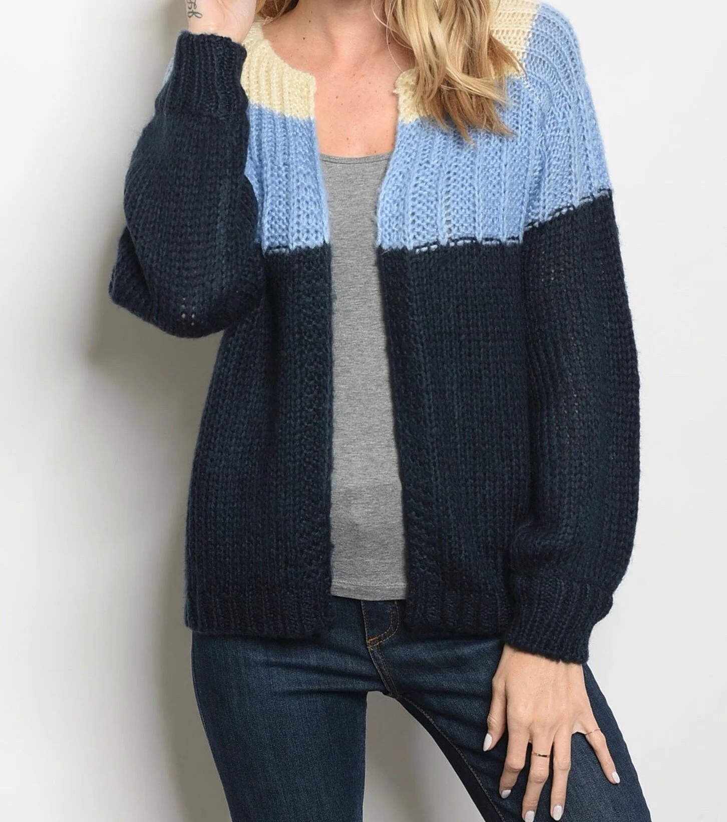 blue crochet  knit open cardigan