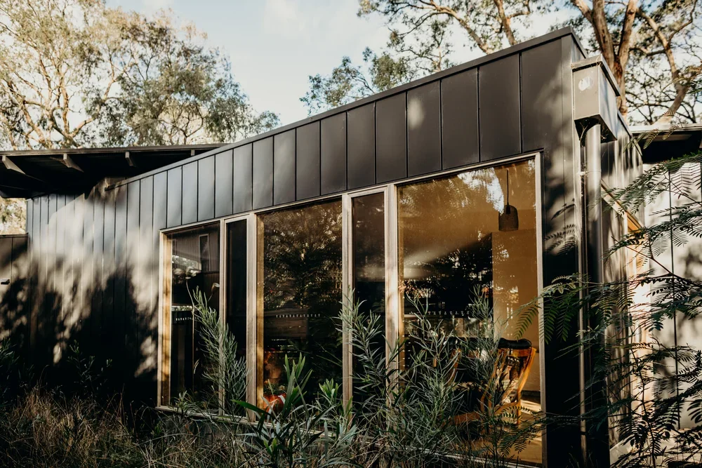 A modern black metal house with large glass windows, surrounded by trees and plants.