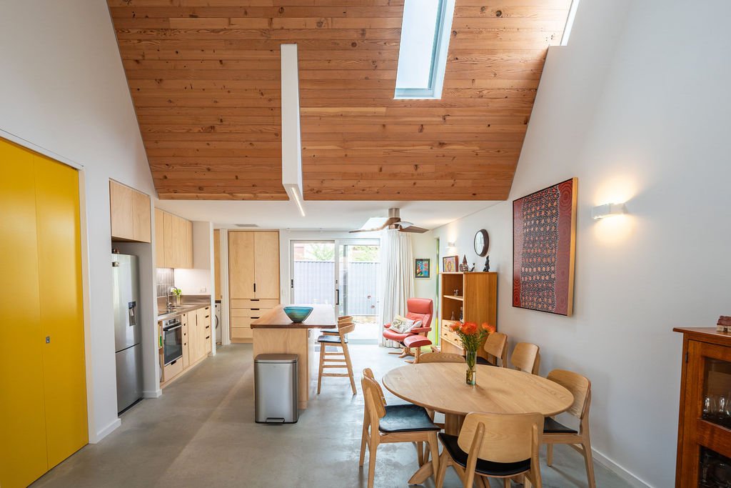  Recycled Oregon timber on the 60 degree ceilings. 