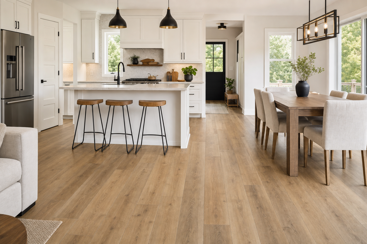 Serene Path laminate installed through a kitchen and dining area