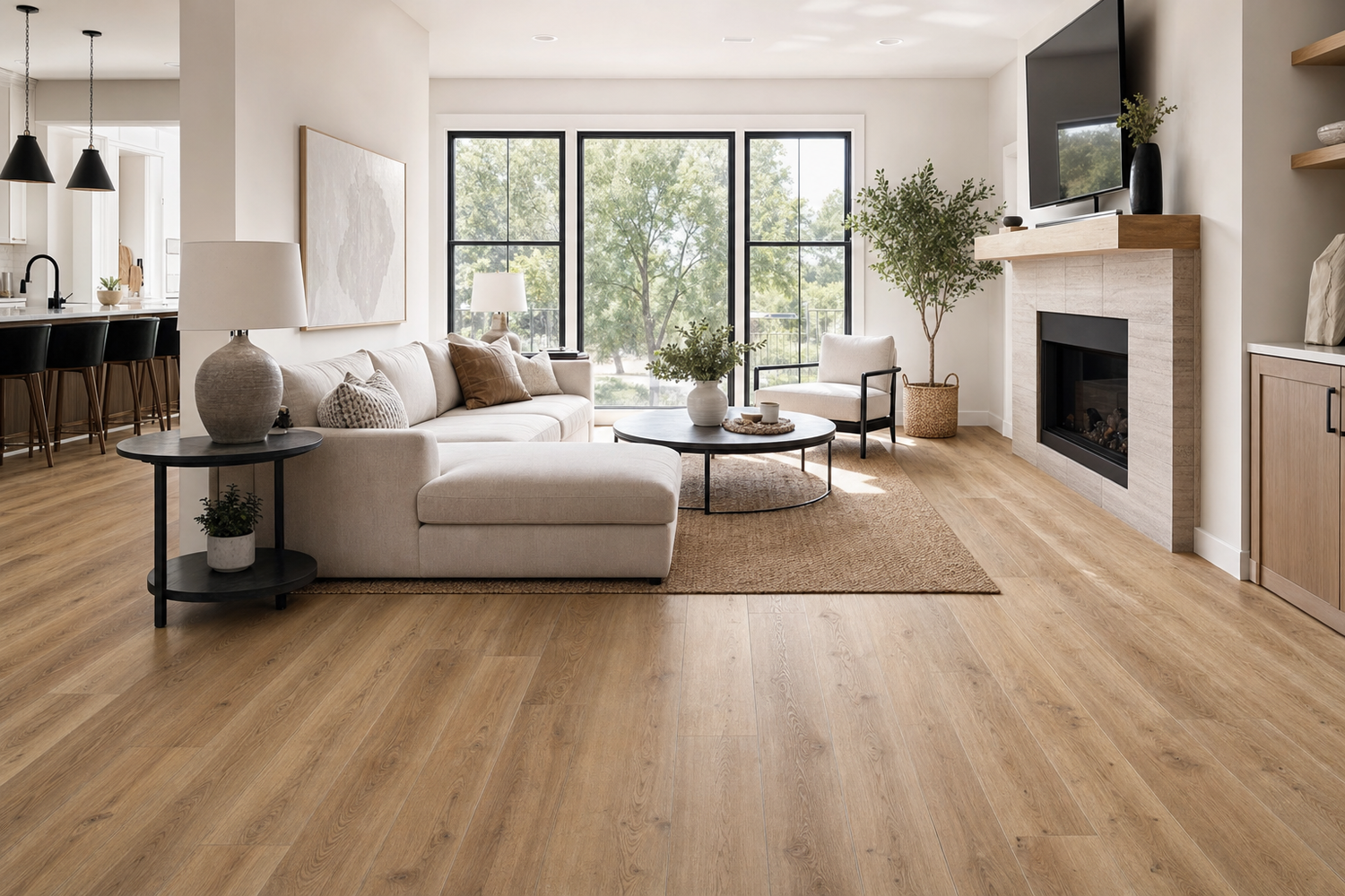 Serene Path laminate installed in a bright living room
