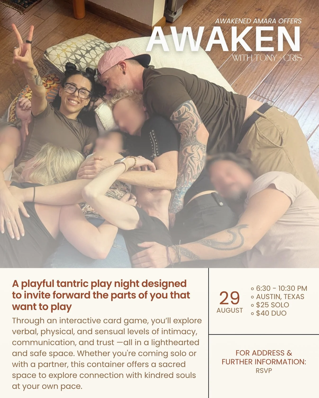 ✨ Austin&mdash;Are You Ready to Awaken?

Step into a playful tantric play night where curiosity, intimate connection, and consent come together in the most delicious way 💫

This is your invitation to dip your toes into the magic of conscious play pa