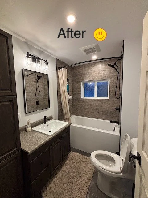 Bathroom before and after. Now that is a nice deep soaker tub!