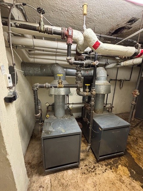 Mechanical room with dual gas boilers and commercial plumbing system in Revelstoke building