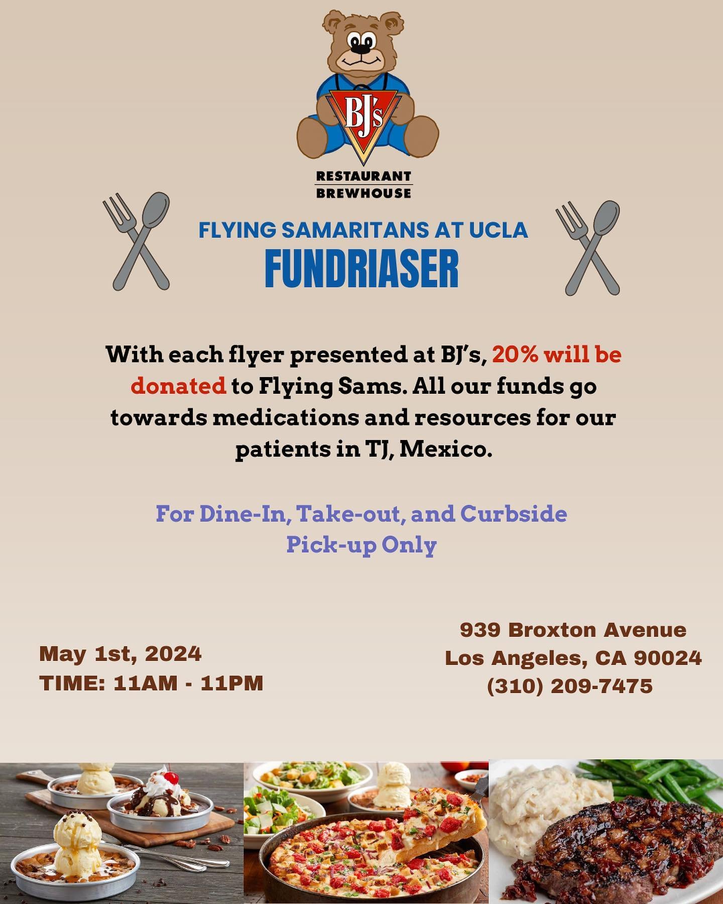 SAMMERS! Please join us this WEDNESDAY, May 1st from 11AM to 11PM for our BJ&rsquo;s fundraiser! Earn a fundraising point and come enjoy some delicious food and drinks.🍽️All proceeds will go towards medications and resources for our patients in Tj, 