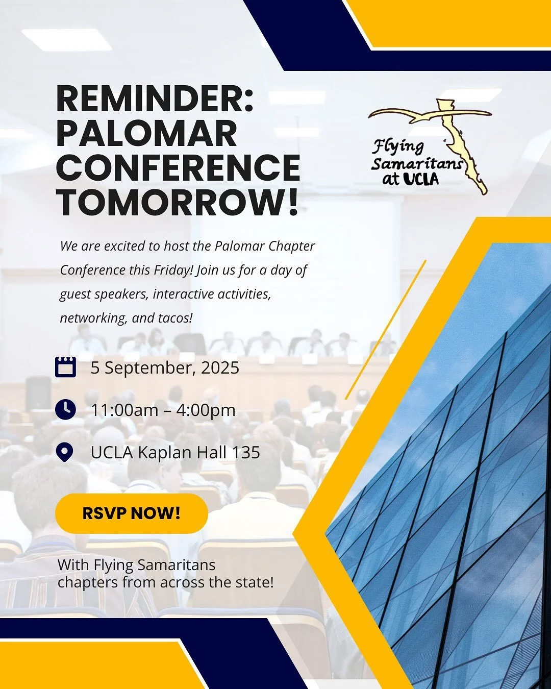 Join us for the Palomar Chapter Conference at UCLA 💙 A day full of guest speakers, networking, interactive activities, and tacos 🌮✨

📍 Kaplan Hall 135 | ⏰ 11AM &ndash; 4PM
👔 Business professional attire | 💵 $10 per person
Full agenda 👉 next sli