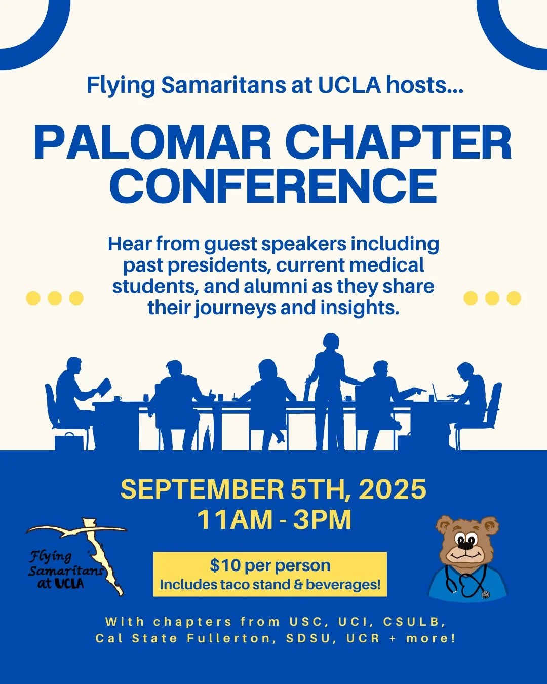 🌟 Flying Samaritans at UCLA is excited to host this year&rsquo;s annual Palomar Chapter Conference! 🌟

✨ Hear from guest speakers including past presidents, current medical students, and alumni as they share their journeys and insights.
🌮 Plus, en