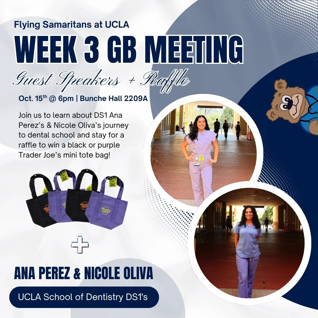 📢 Week 3 GB Meeting! 🎉

📅 Wednesday, Oct 15 | 🕕 6-7 PM | 📍 Bunche Hall 2209A

✨ Meet DS1 panelists from UCLA School of Dentistry and hear about their journey (including a former Flying Sammer!)

🎃 Plus, enter our raffle for a Trader Joe&rsquo;s