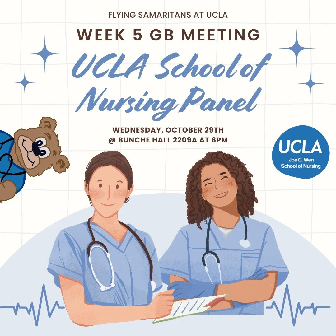✨ Week 5 GB Meeting!

Join us this Wednesday, October 29th at 6 PM in Bunche Hall 2209A for our UCLA School of Nursing Panel! 💉

Come hear from nursing students as they share their journeys, insights, and advice for future healthcare professionals ?