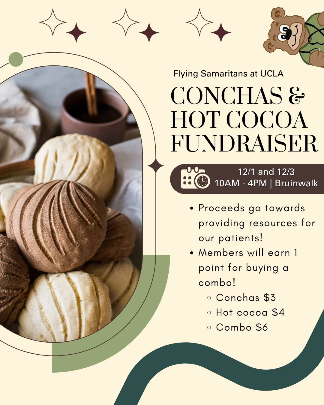 ✨Conchas &amp; Hot Cocoa Fundraiser! ☕️

Stop by 12/1 &amp; 12/3 on Bruinwalk from 10AM&ndash;4PM to grab some warm treats and hot cocoa! 

All proceeds go directly toward medical resources for our patients 💙

FS members earn 1 fundraising point wit