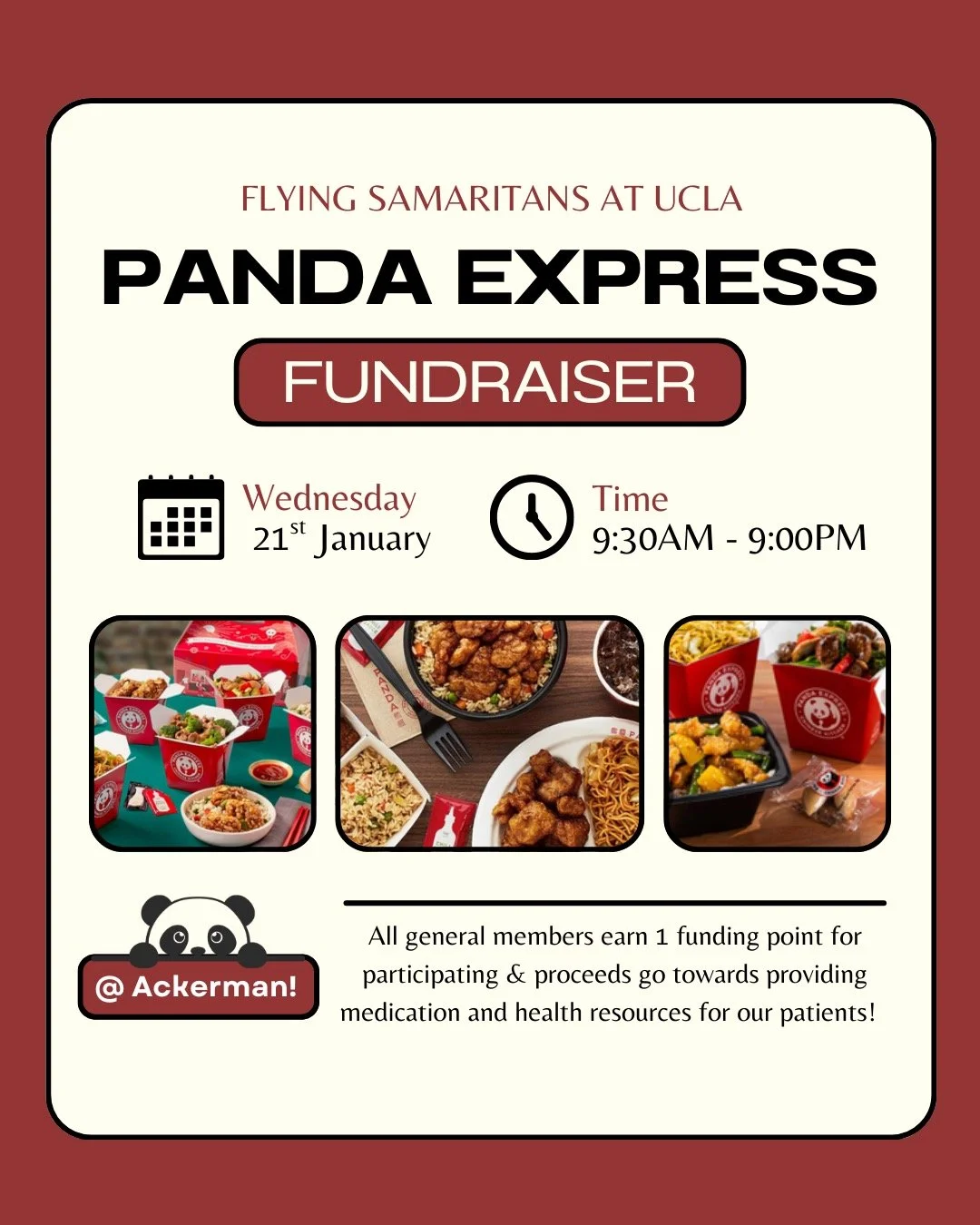 PANDA EXPRESS FUNDRAISER

📅 Wednesday, January 21st
⏰ 9:30 AM &ndash; 9:00 PM
📍 Ackerman Union
 👉 Show the flyer on the next slide at checkout to participate.

All general members earn 1 funding point for participating, and proceeds go toward prov