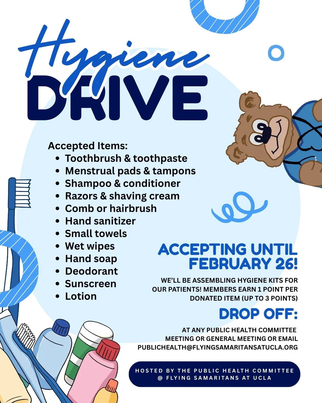 🧼💙 Hygiene Drive 💙🧼

We&rsquo;re collecting hygiene items to assemble kits for our patients! Donations are accepted through February 26.
Members earn 1 point per item (up to 3 points)! 🪥✨

Amazon wishlist is below and linked in our bio! 

https: