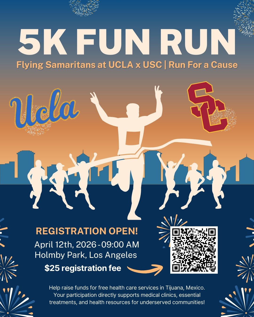 🏃&zwj;♂️💙 Flying Samaritans at UCLA x USC 5K Fun Run ❤️💛

Lace up your running shoes and join us for one of our BIGGEST events of the year! 🏁 Flying Samaritans at UCLA and USC are coming together for a 5K Fun Run for a Cause to raise funds for fr