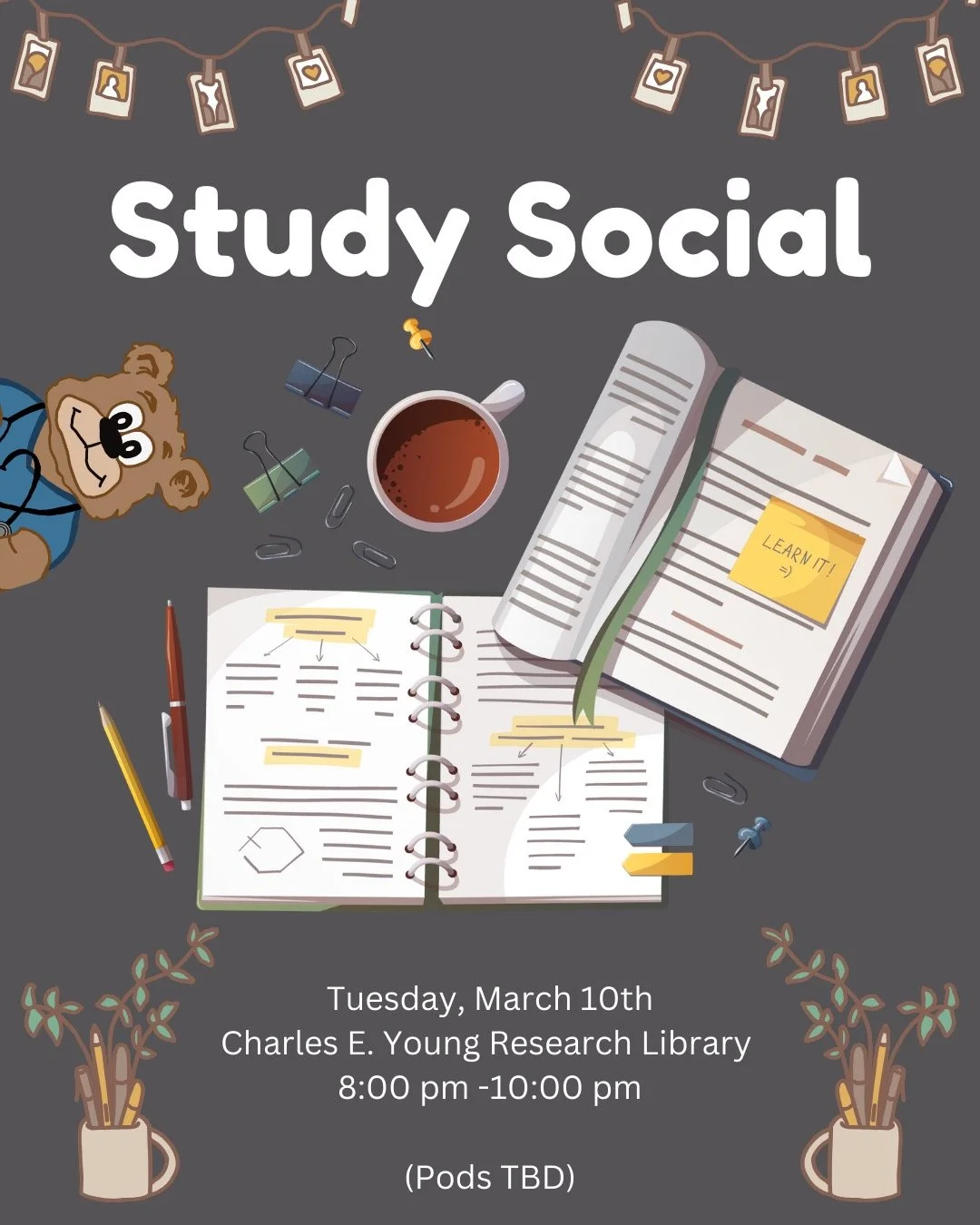 📚 Study Social! 

Need a productive study session before finals? Join us for a relaxed night of studying with fellow Flying Sams! Bring your work &amp; grab a spot in the pods!

🗓 Tuesday, March 10th
📍 Charles E. Young Research Library
⏰ 8:00&ndas