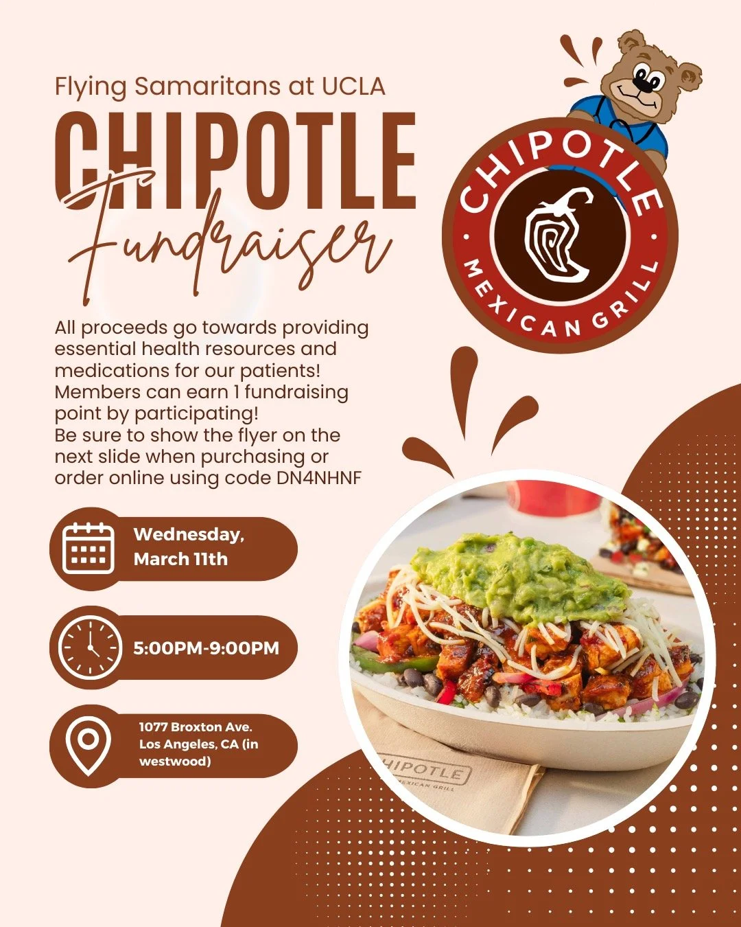 🌯 Chipotle Fundraiser! 

Grab a meal and support Flying Samaritans at UCLA! Join us at Chipotle in Westwood and a portion of the proceeds will go toward providing essential health resources and medications for our patients!

📅 Wednesday, March 11th
