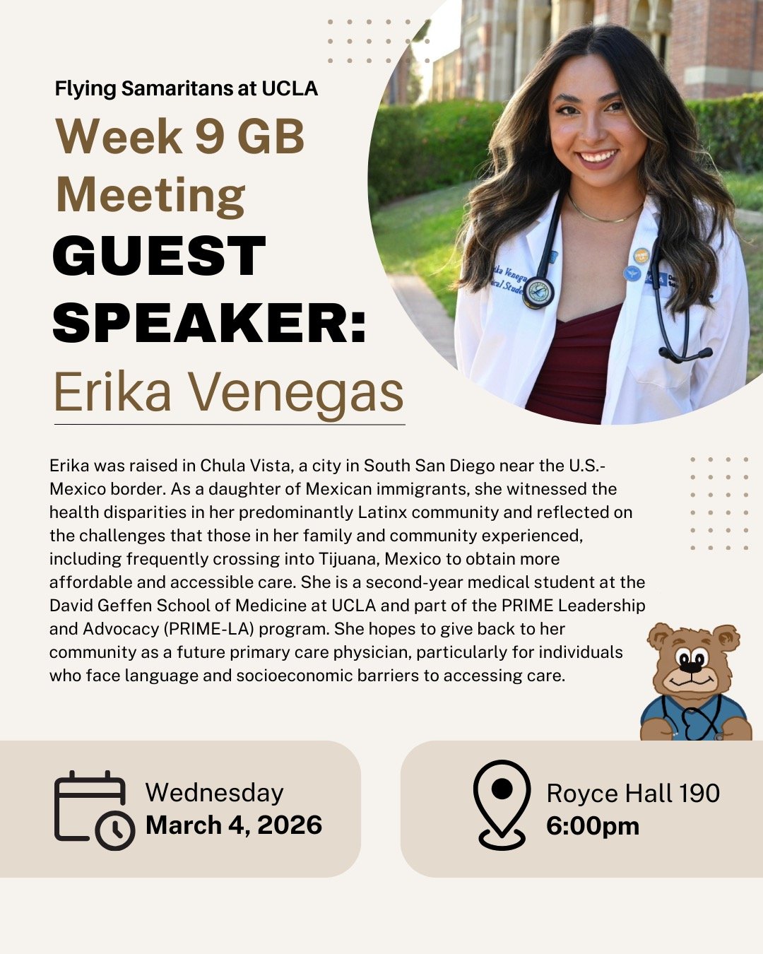 Week 9 GB Meeting: Guest Speaker Erika Venegas 💙

Join us for our last general meeting of the quarter as we welcome Erika, a second-year medical student at UCLA DGSOM and PRIME-LA member. She&rsquo;s passionate about addressing health disparities an