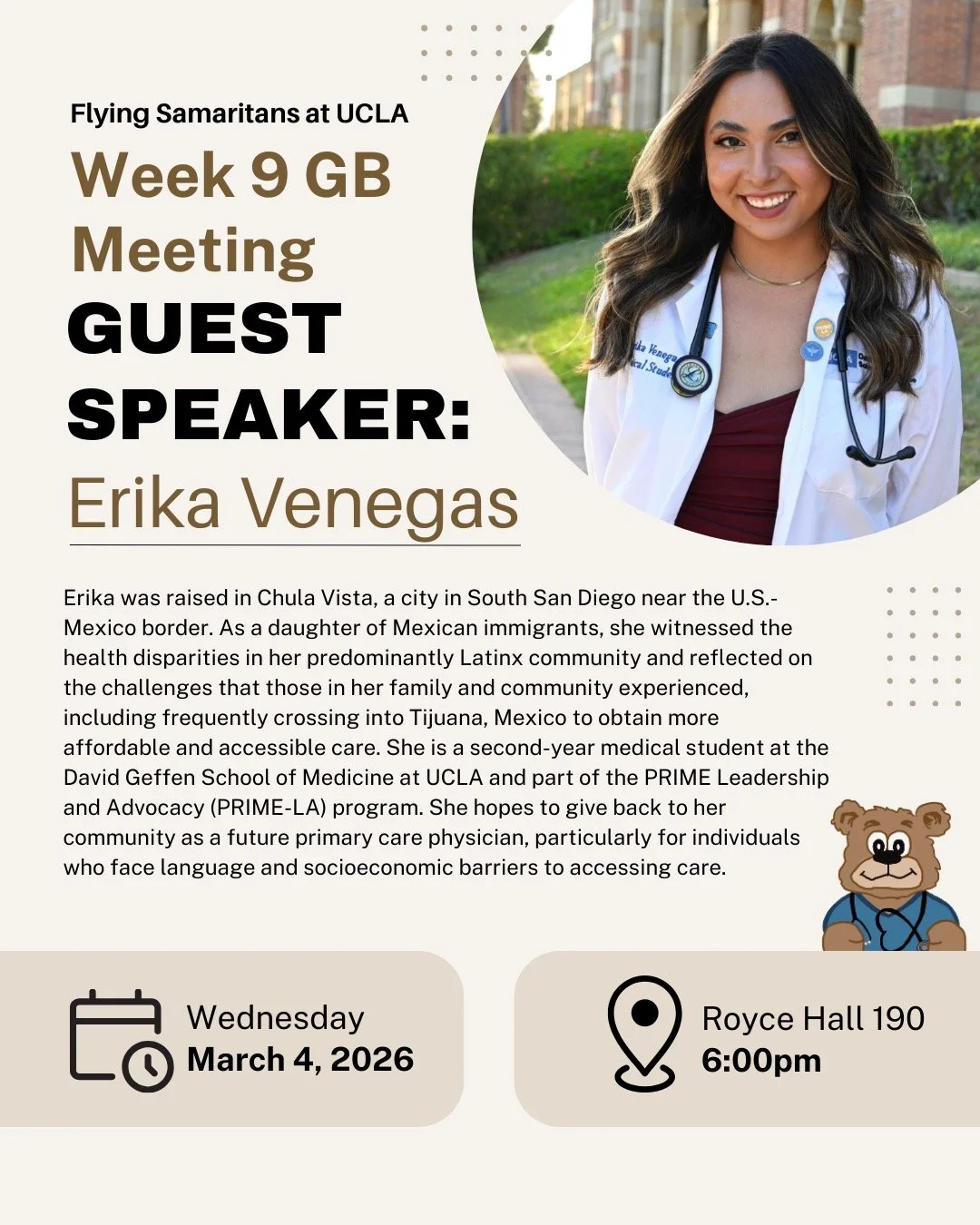 Week 9 GB Meeting: Guest Speaker Erika Venegas 💙

Join us for our last general meeting of the quarter as we welcome Erika, a second-year medical student at UCLA DGSOM and PRIME-LA member. She&rsquo;s passionate about addressing health disparities an