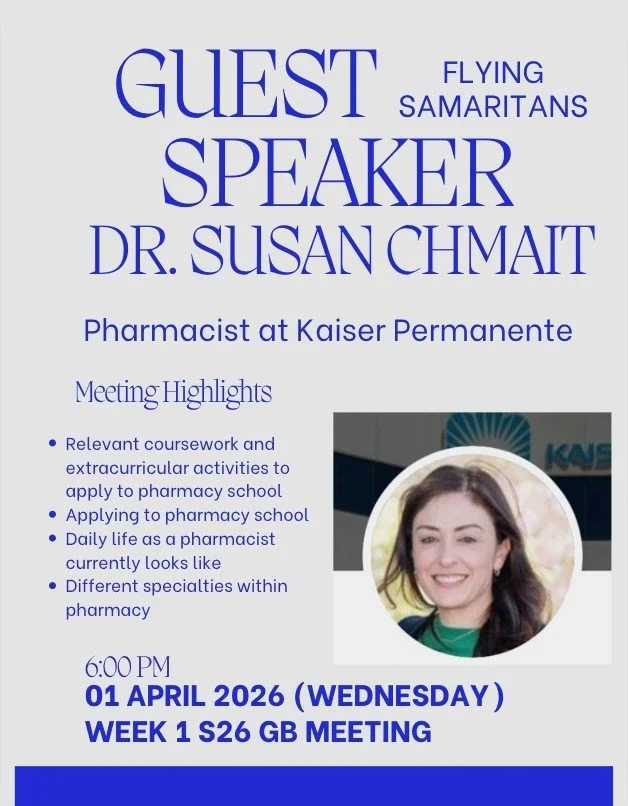 Week 1 GB Meeting 💙

We&rsquo;re kicking off Spring Quarter with a special guest speaker, Dr. Susan Chmat, a pharmacist at Kaiser Permanente! 💊✨ She&rsquo;ll be sharing insights on applying to pharmacy school, relevant coursework &amp; extracurricu