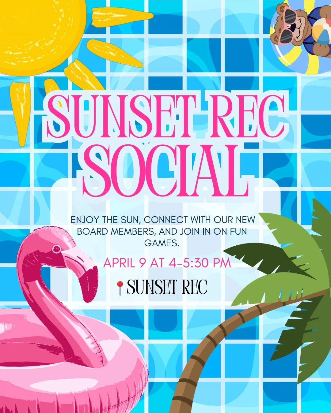 SUNSET REC SOCIAL ☀️🌴💙

Come soak up the sun, meet our new board, and enjoy some fun games with Flying Samaritans! ✨

🗓 April 9
⏰ 4&ndash;5:30 PM
📍 Sunset Rec

Earn 1 social point for attending! 
Bring your friends, good vibes, and get ready for 