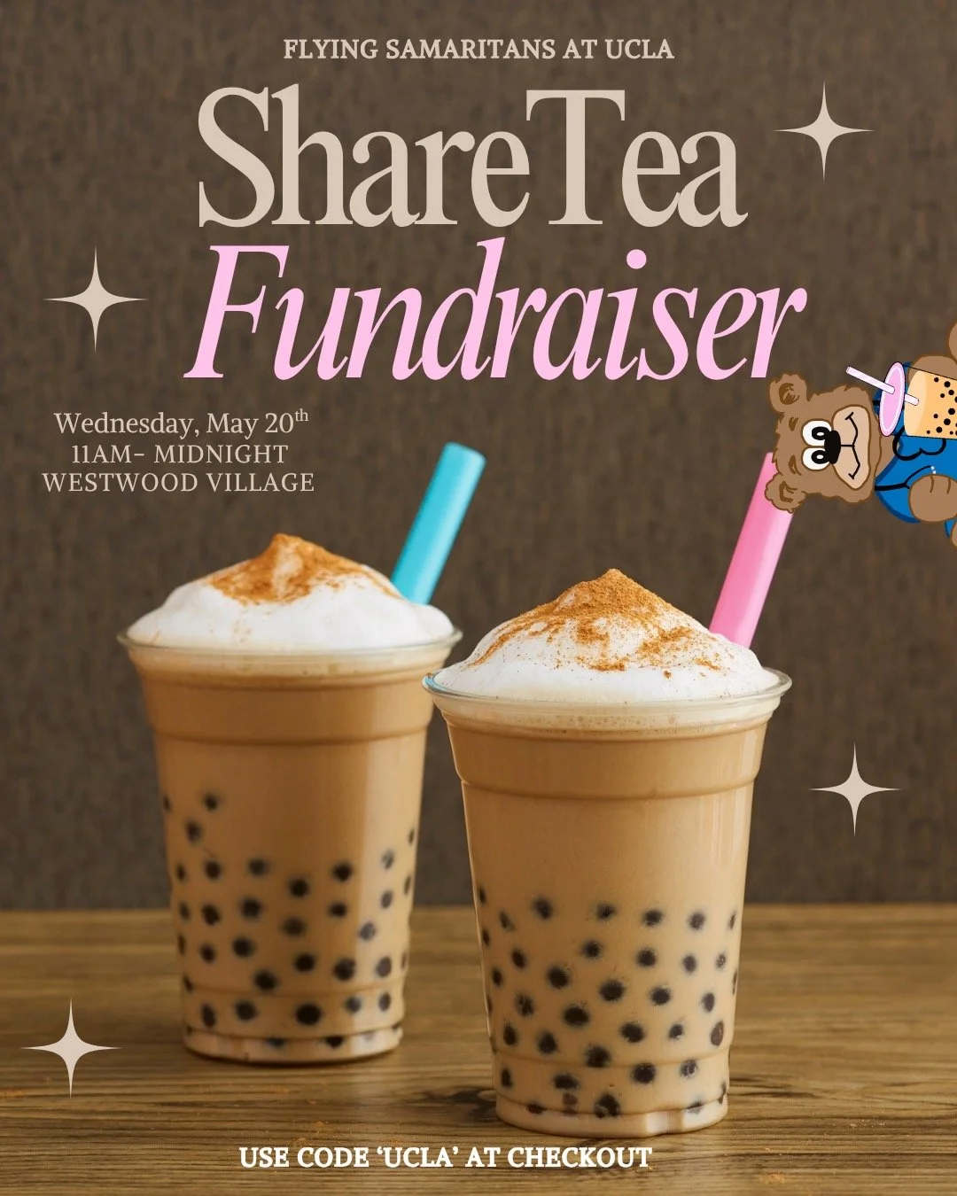 🧋Join us for our ShareTea Fundraiser!

📍 ShareTea @ Westwood 
🗓️ Wednesday, May 20 
🕐 11AM- 12AM 

Proceeds go directly towards providing medication and health resources for our patients.✨💙

Use code "flyingsams" in-store or online whe