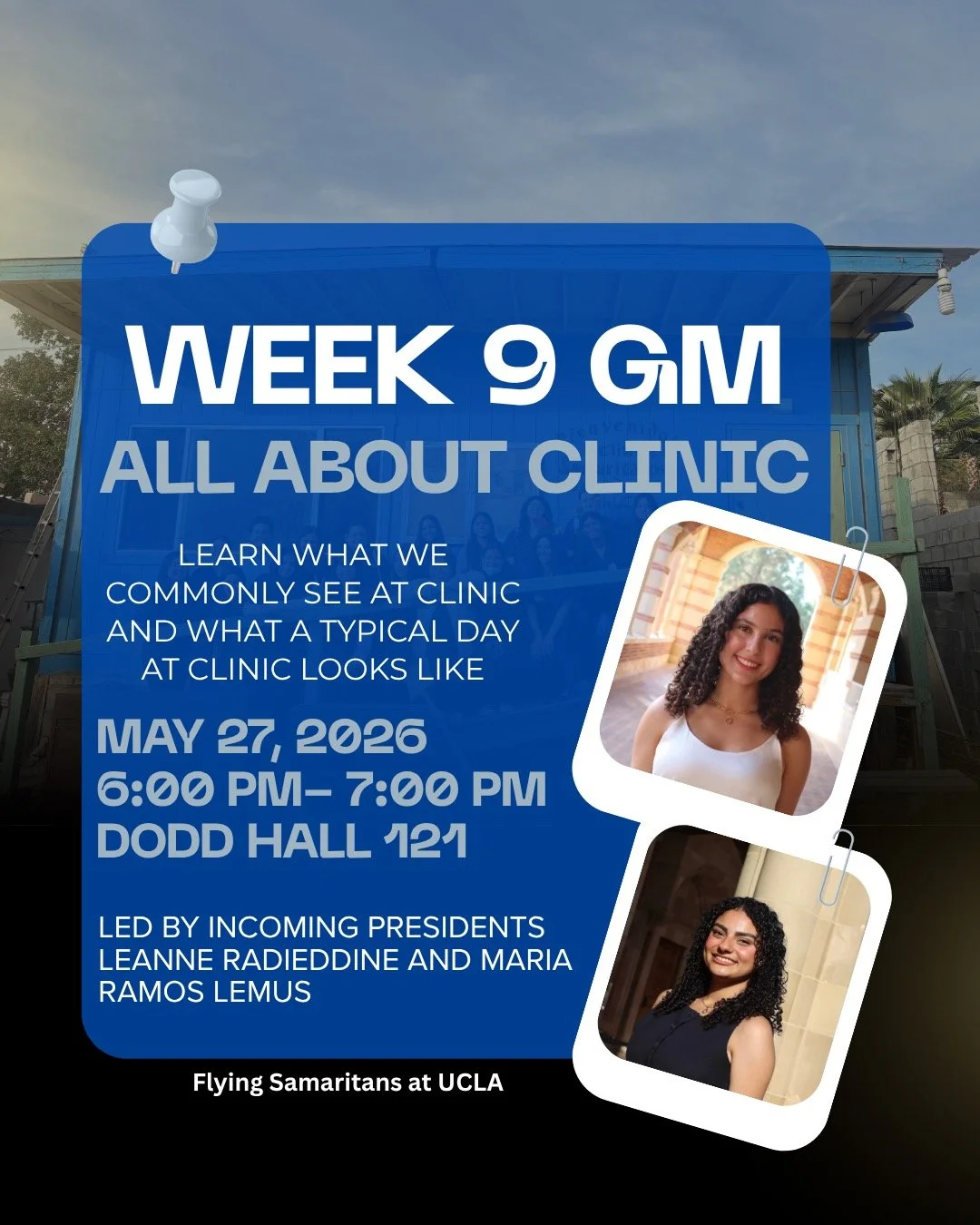 Week 9 GB meeting💙🧸

Join us tonight to hear more about what a typical day at clinic is like and the conditions we commonly see with our patients led by our incoming presidents, Leanne Radieddine and Maria Ramos Lemus. Members earn 1 point for atte