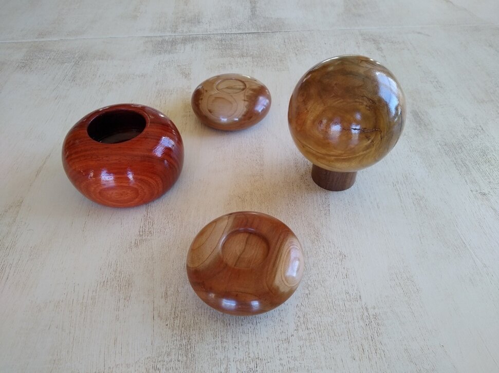  Paul Pautler woodturnings including 4 inch ball weeping cherry and Paduk vessels 