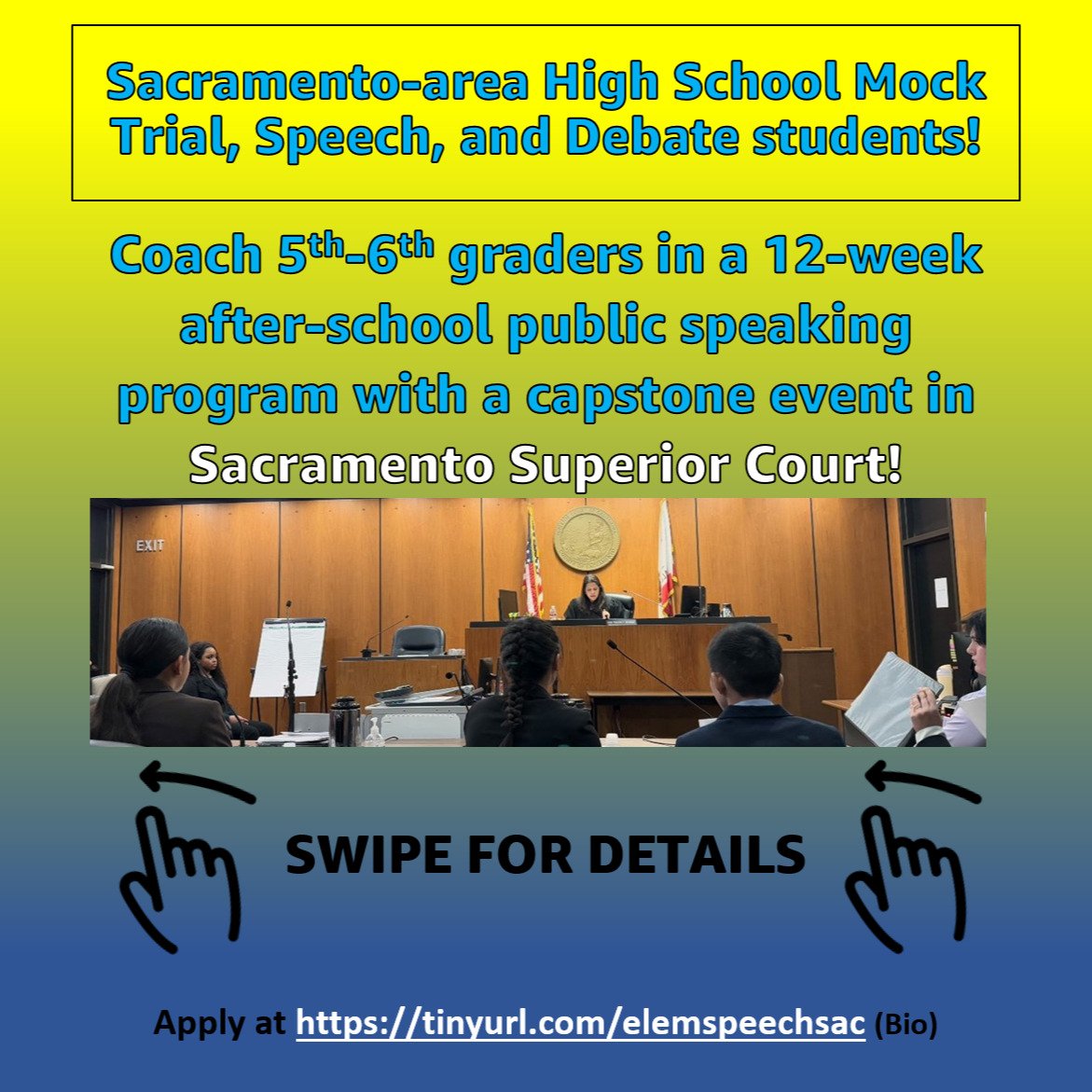 Are you a Sacramento-area high school student with public speaking experience who wants an amazing and unique volunteer opportunity? Apply to the elementary speech program today!