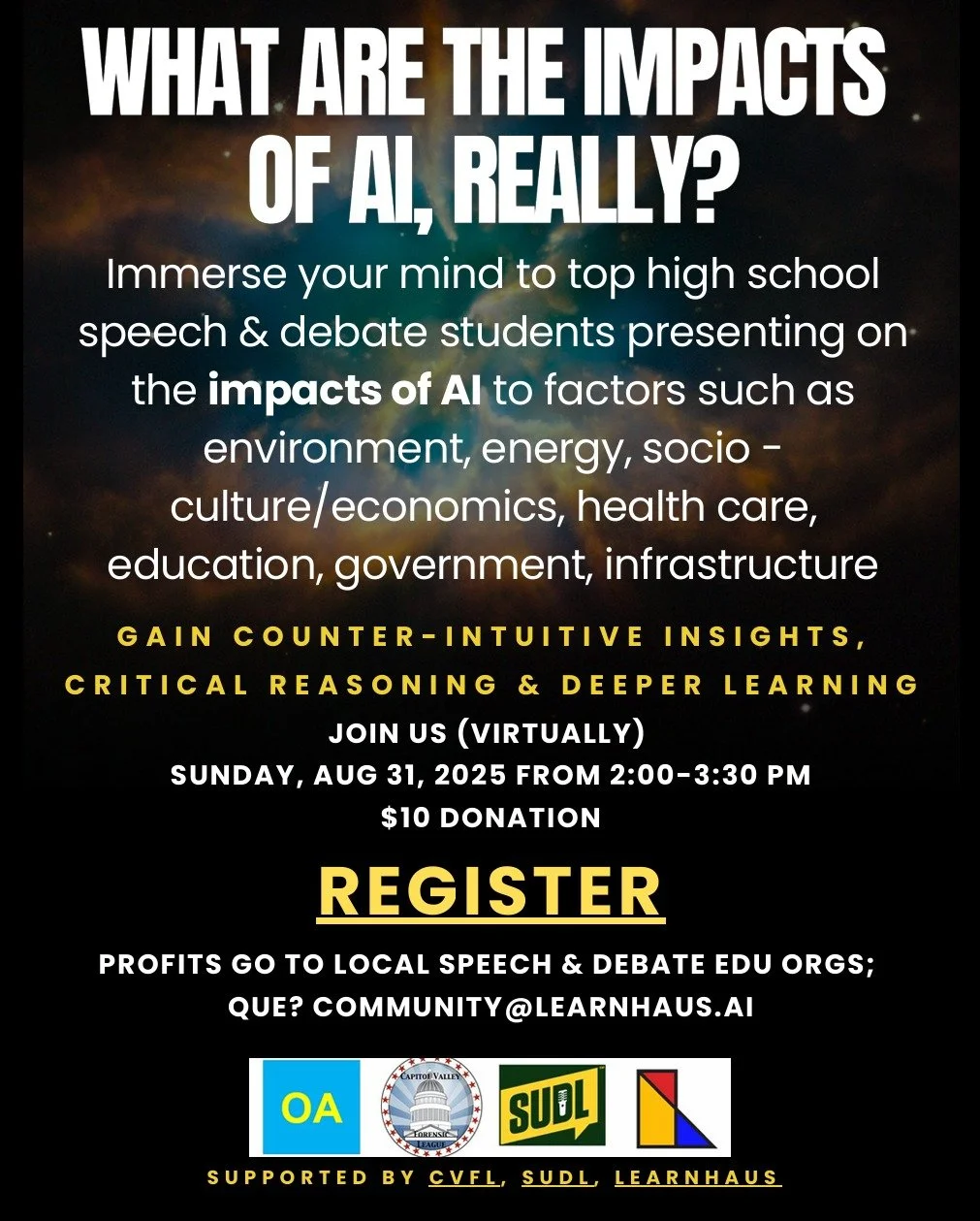 Several CVFL students will be speaking in a virtual exhibition debate on the impacts of AI next Sunday. Proceeds will benefit local debate organizations.
Registration link is in the bio. A $10 donation is recommended.
