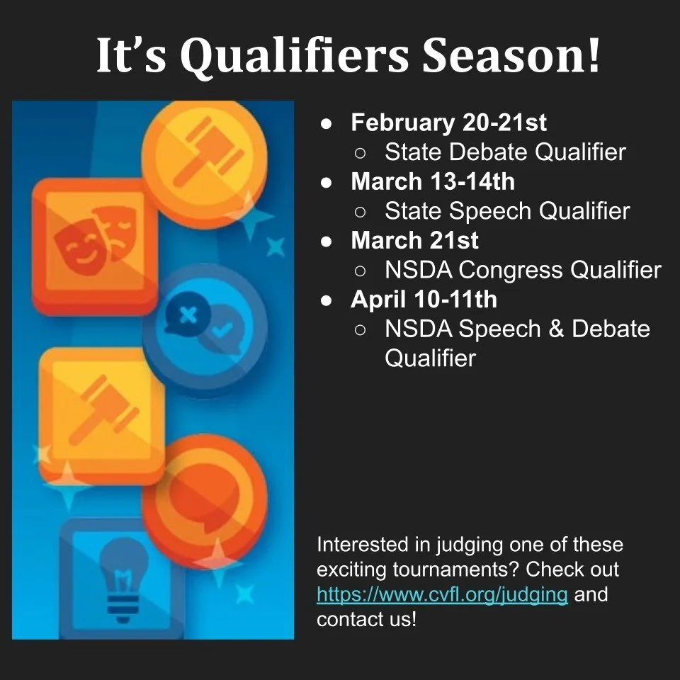 It's that time of year again: qualifier season! CVFL will host a series of competitions this spring to see who will represent our league at the state and national tournaments.

If you'd like to help support our tournaments by volunteering to judge, c