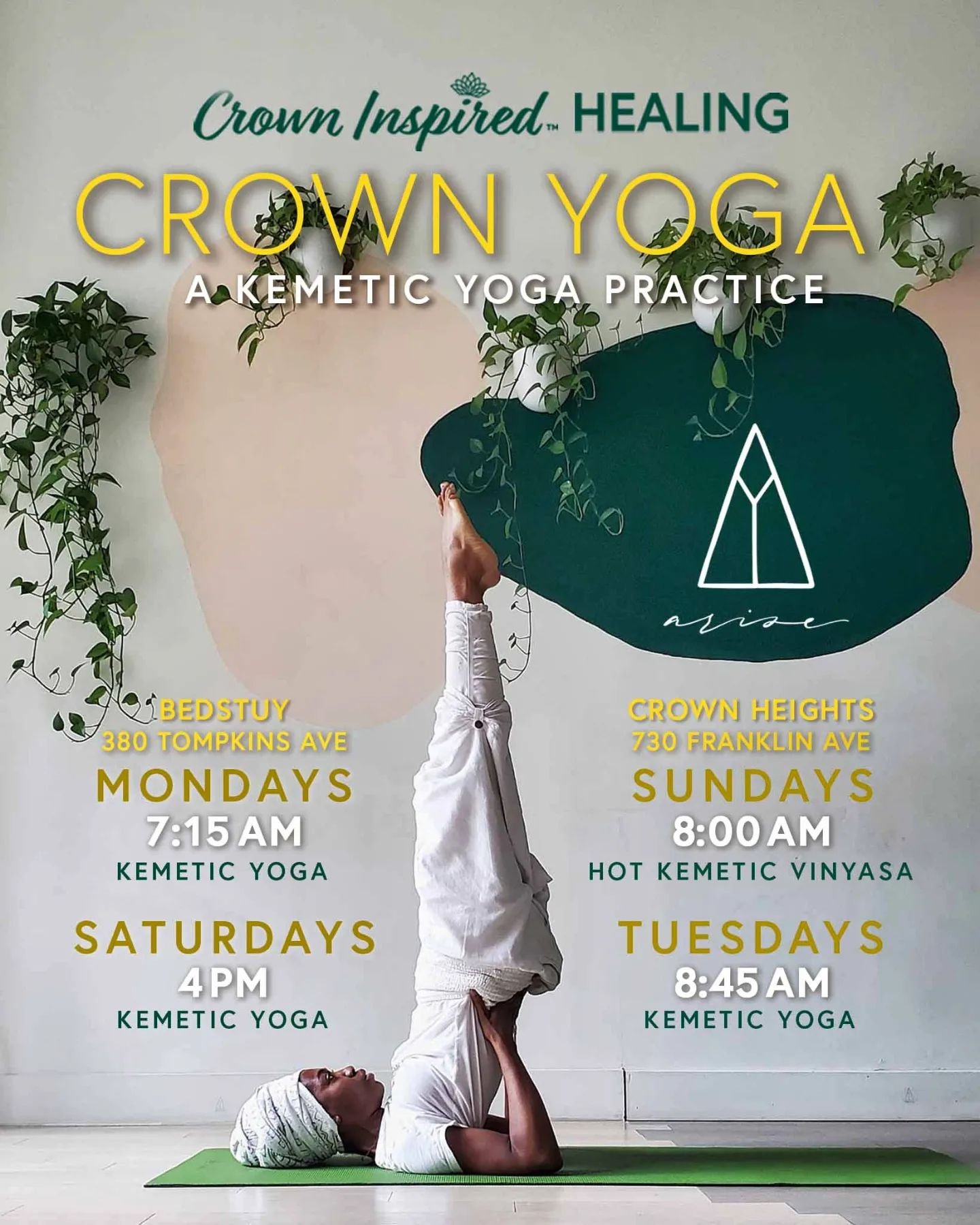 New yoga schedule at Arise Yoga. 

Expanding the crown is just as important as protecting it. Here are my available weekly classes at @ariseinbrooklyn

Now in two locations:
On Sundays &amp; Tuesdays in the 8am hour in Crown Heights and in Bedstuy, i