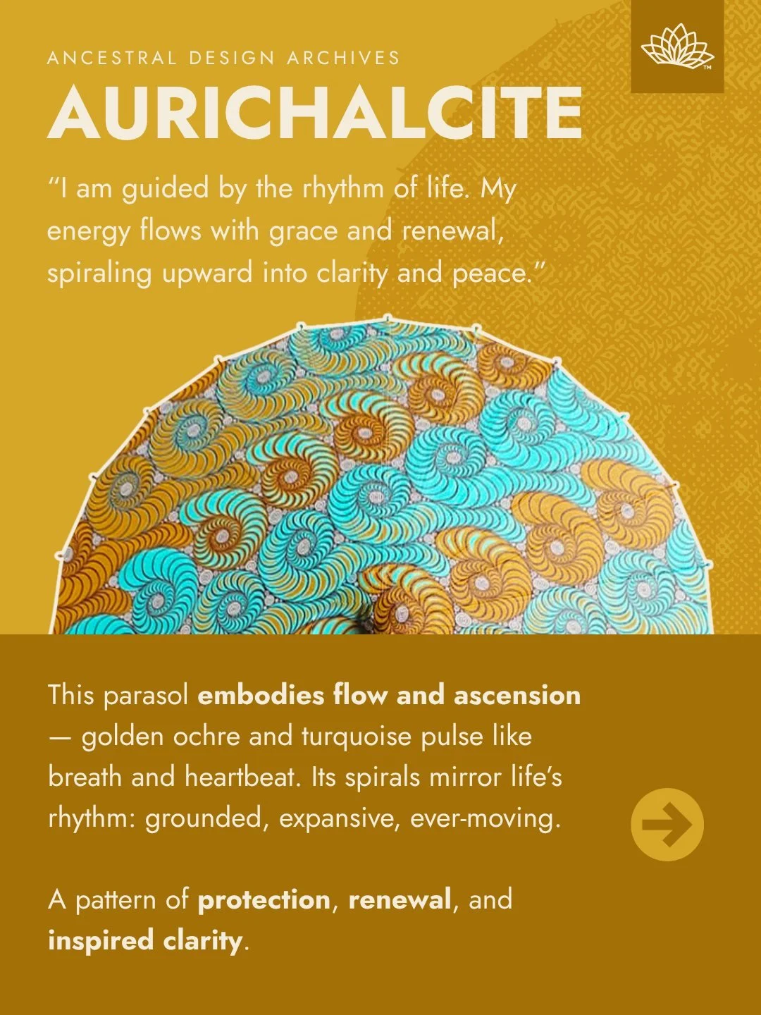 Ripped from our Ancestral Design Archives &mdash; the Aurichalcite Handmade Parasol.
Golden ochre and turquoise spirals echo West African textile traditions, carrying rhythm, memory, and quiet protection. Each detail reflects flow, clarity, and a cal
