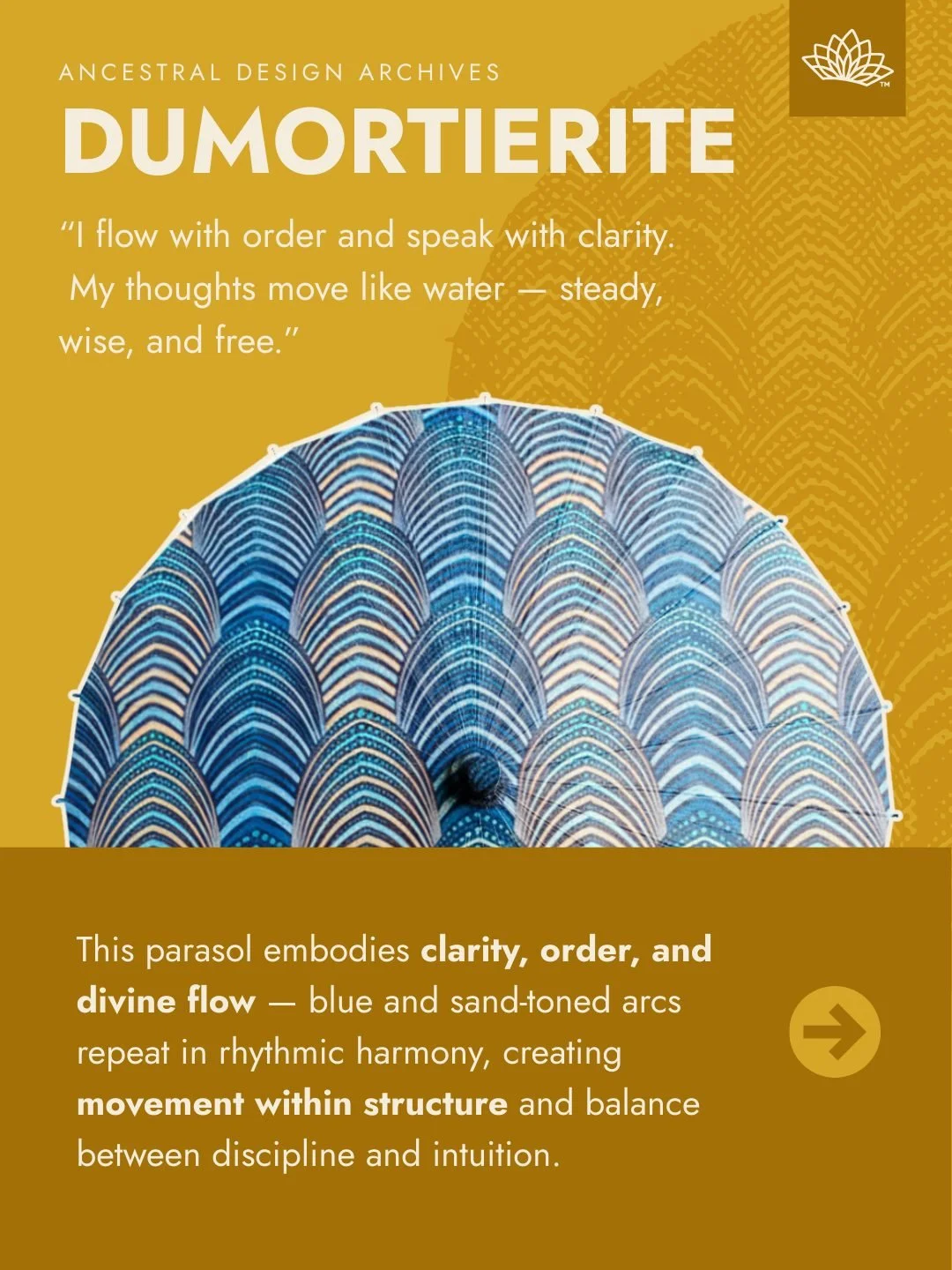 Ripped from our Ancestral Design Archives &mdash; Dumortierite Handmade Parasol.
Blue and sand-toned arcs repeat in rhythmic harmony, balancing structure with flow.
Scalloped patterns weave clarity, intuition, and calm confidence into every curve.

?