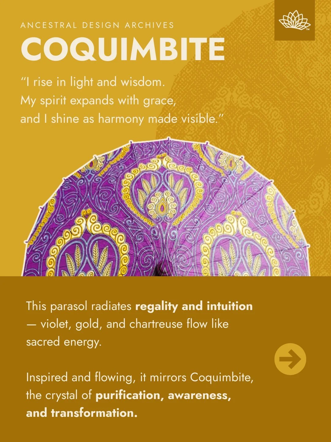 Ripped from our Ancestral Design Archives &mdash; Coquimbite Handmade Parasol.
Deep violet, gold, and chartreuse motifs pulse with sacred energy in motion.
Flame-like patterns and flowing forms weave spiritual insight, intuition, and regality.

💎 Cu