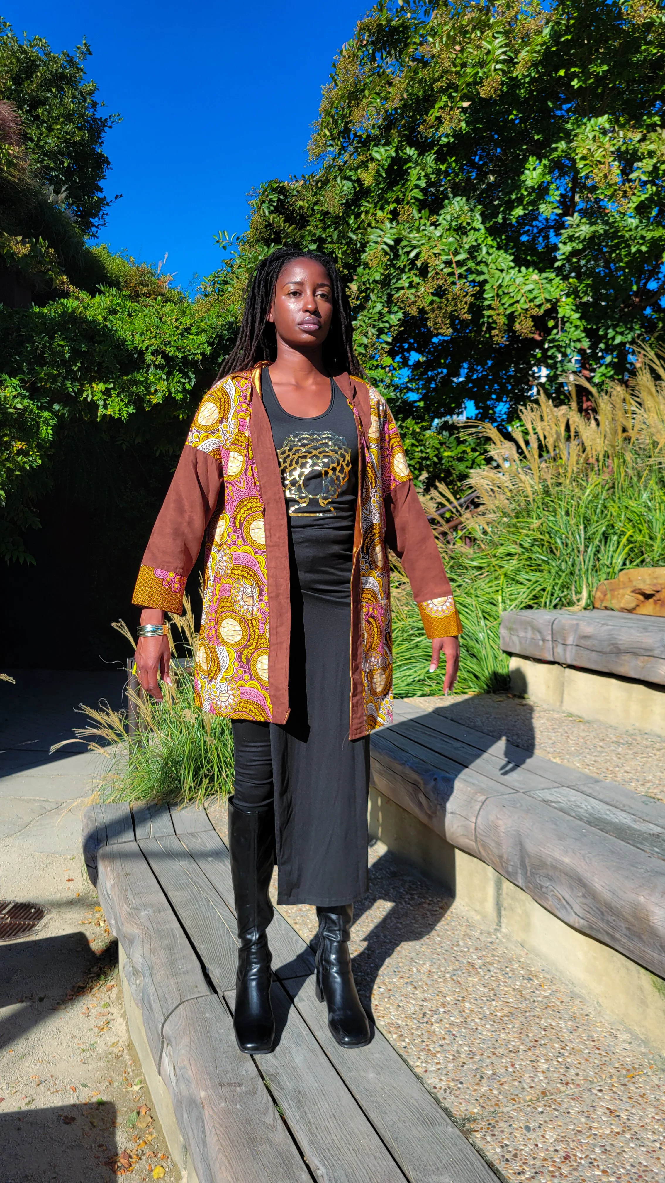 Front facing woman wearing a noreena jasper haori inspired kimono jacket