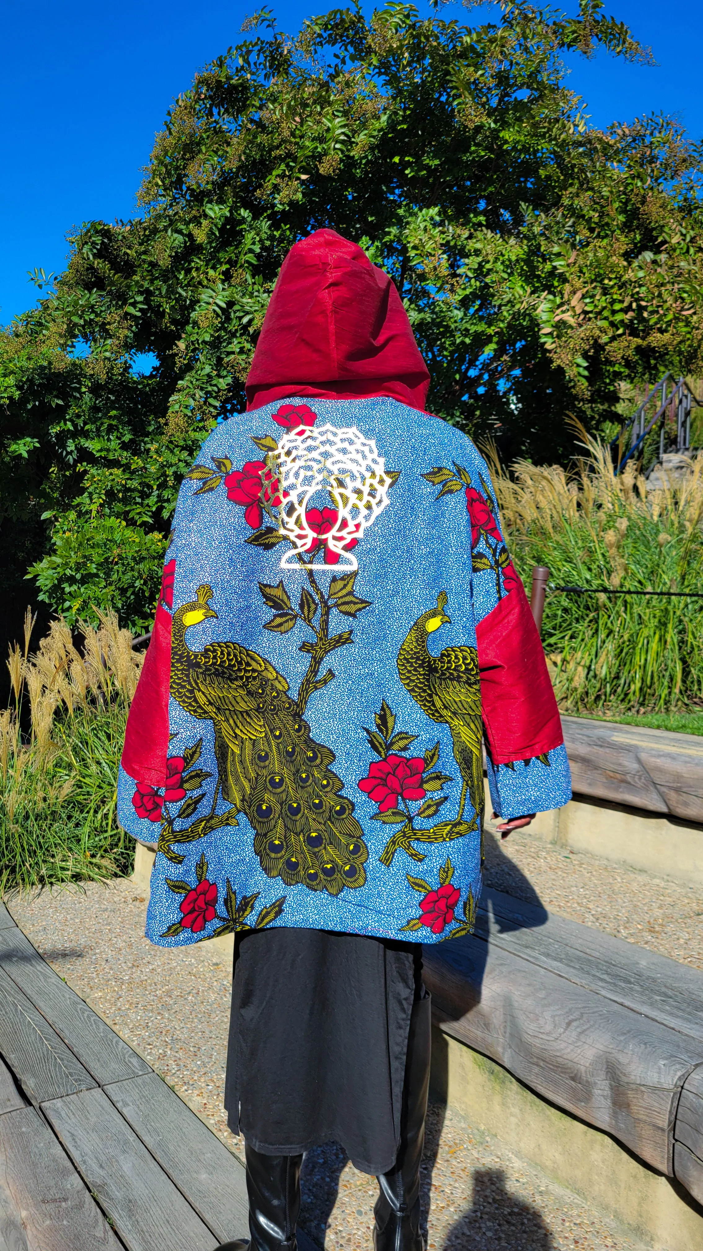 back facing woman wearing a chalcanthite haori inspired kimono jacket