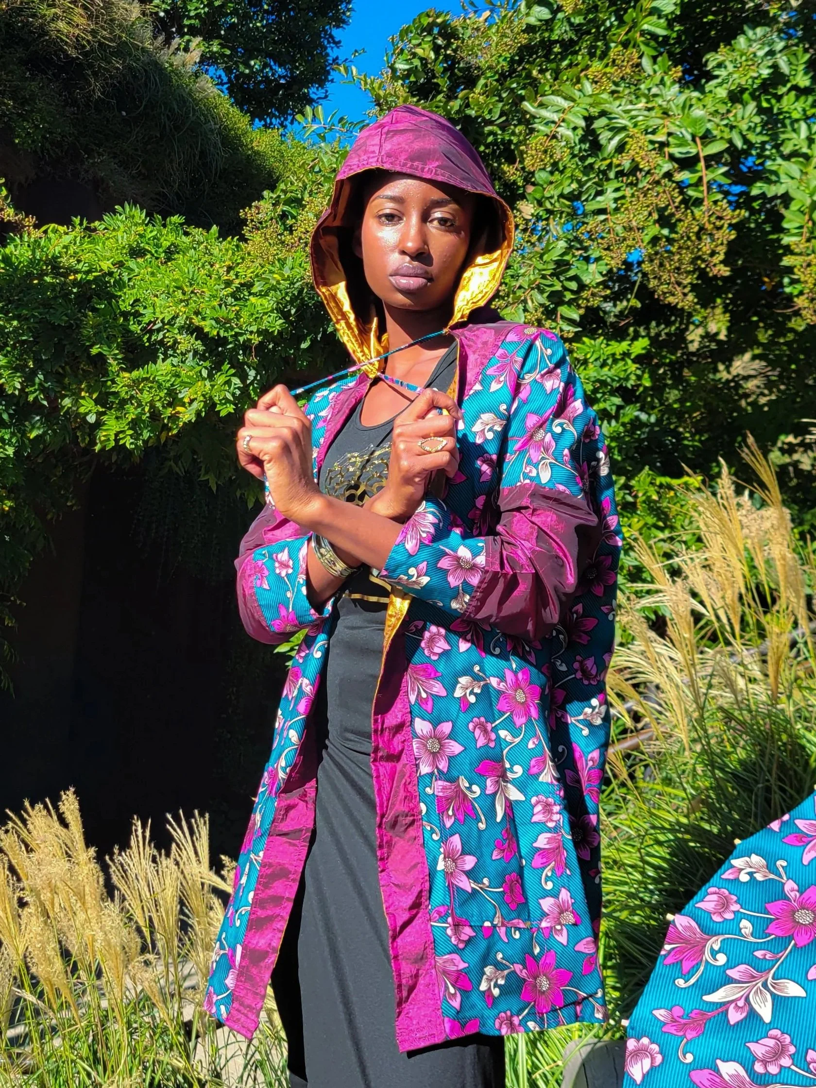 female model posing with a rainbow fluorite haori inspired kimono jacket
