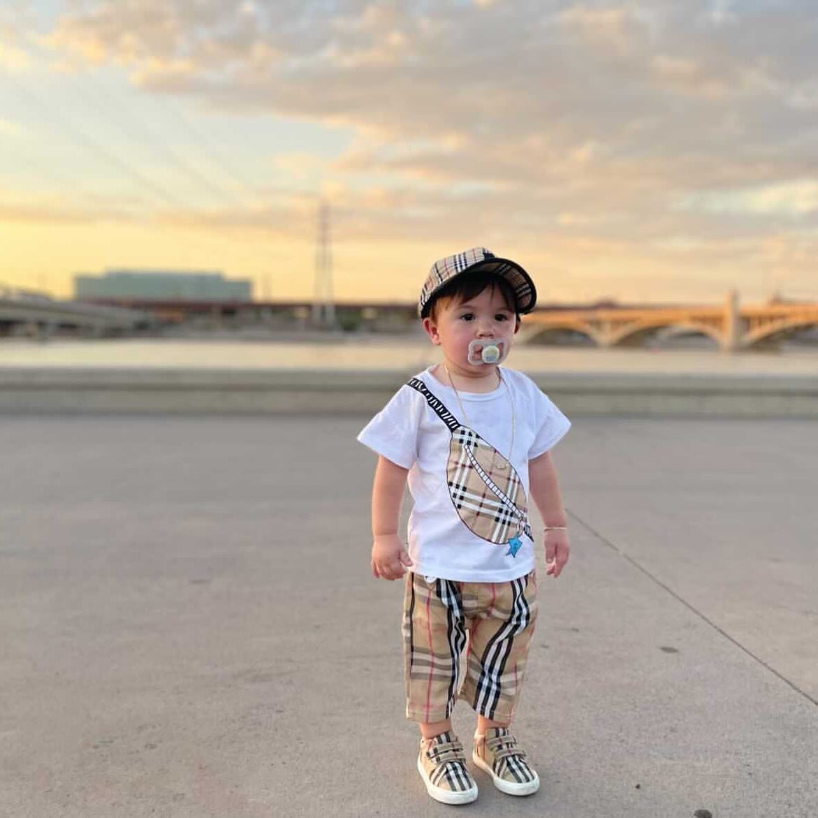 Baby looking so adorable in our tee bag set and bb cap 😍😍 
Also in black sizes starting at 12m to 7y 
Www.Bossykidz.com
