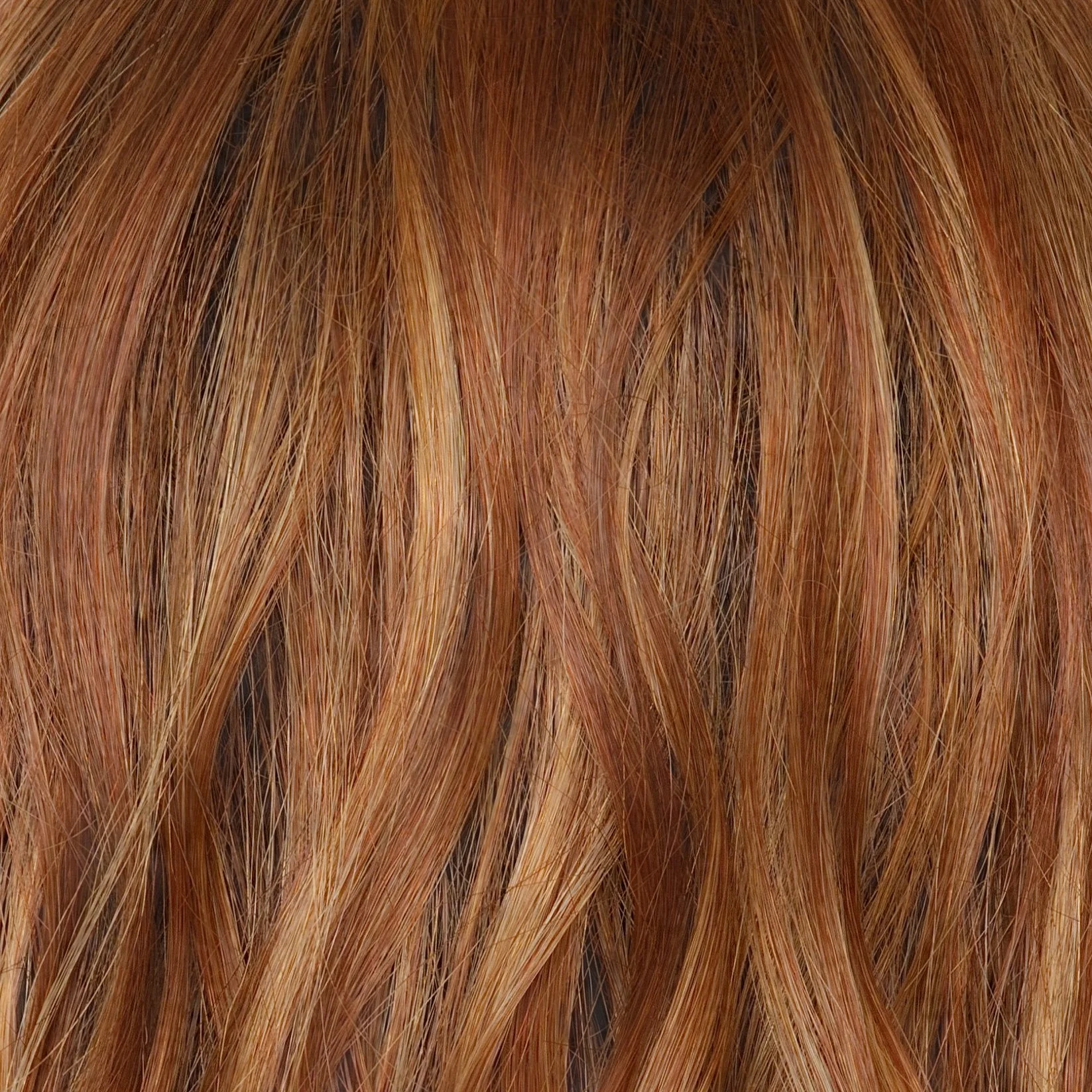 RUSTY-SUNRISE-R | Dark brown roots transition into a deep auburn tone with light copper blonde highlights for depth and dimension.