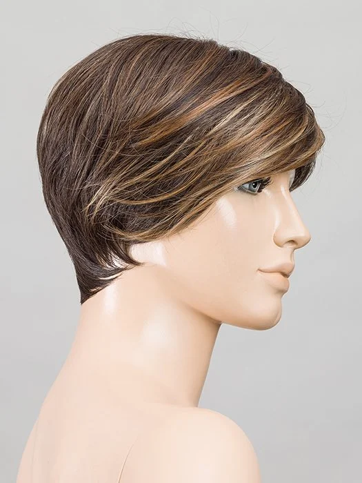 COFFEE BROWN LIGHTED 6.8.20 | Dark Brown and Medium Brown with Light Strawberry Blonde Blend with Highlights Throughout and Concentrated in the Front