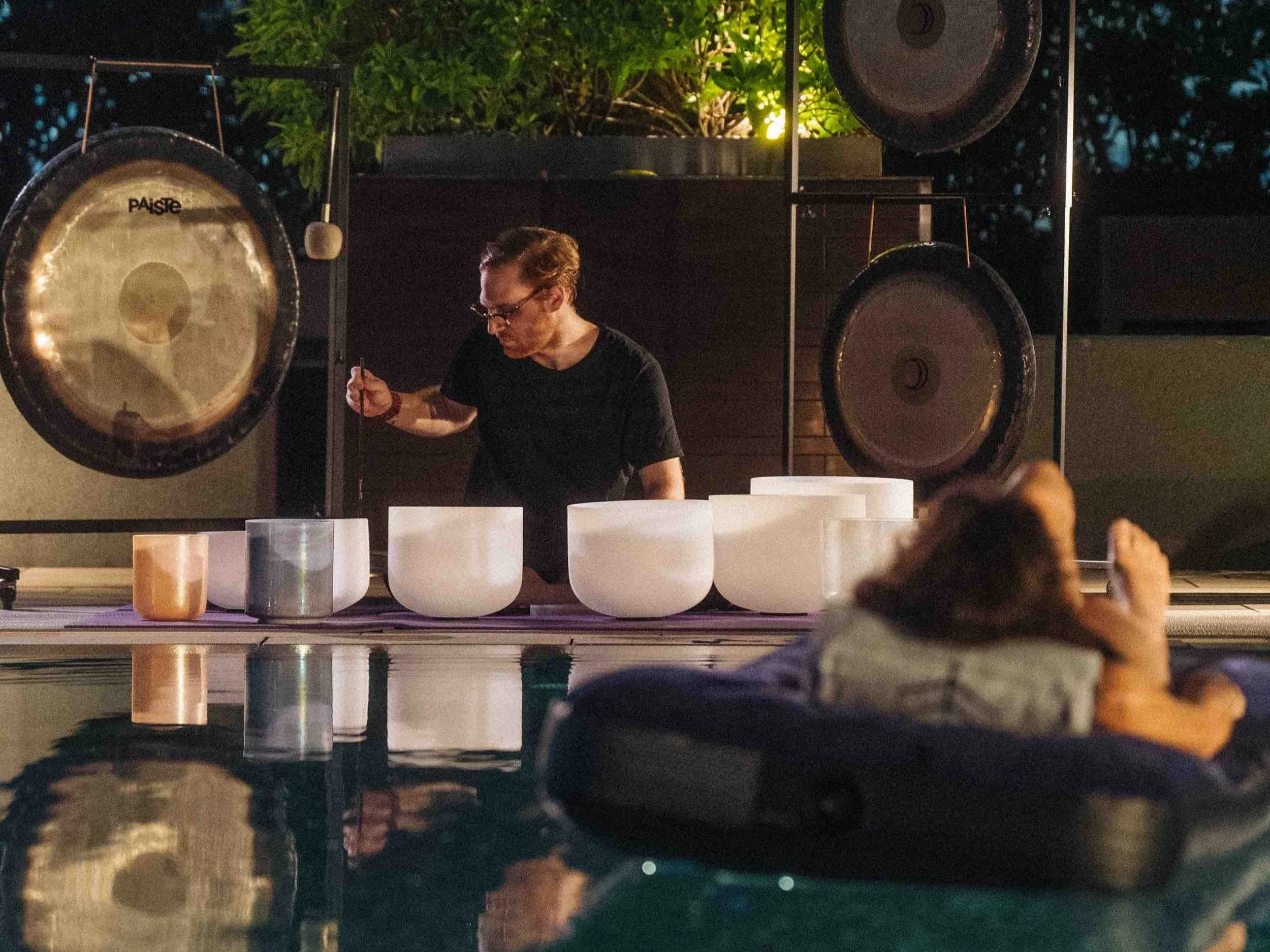 Aymeric leading the Full Moon Floating Sound Bath