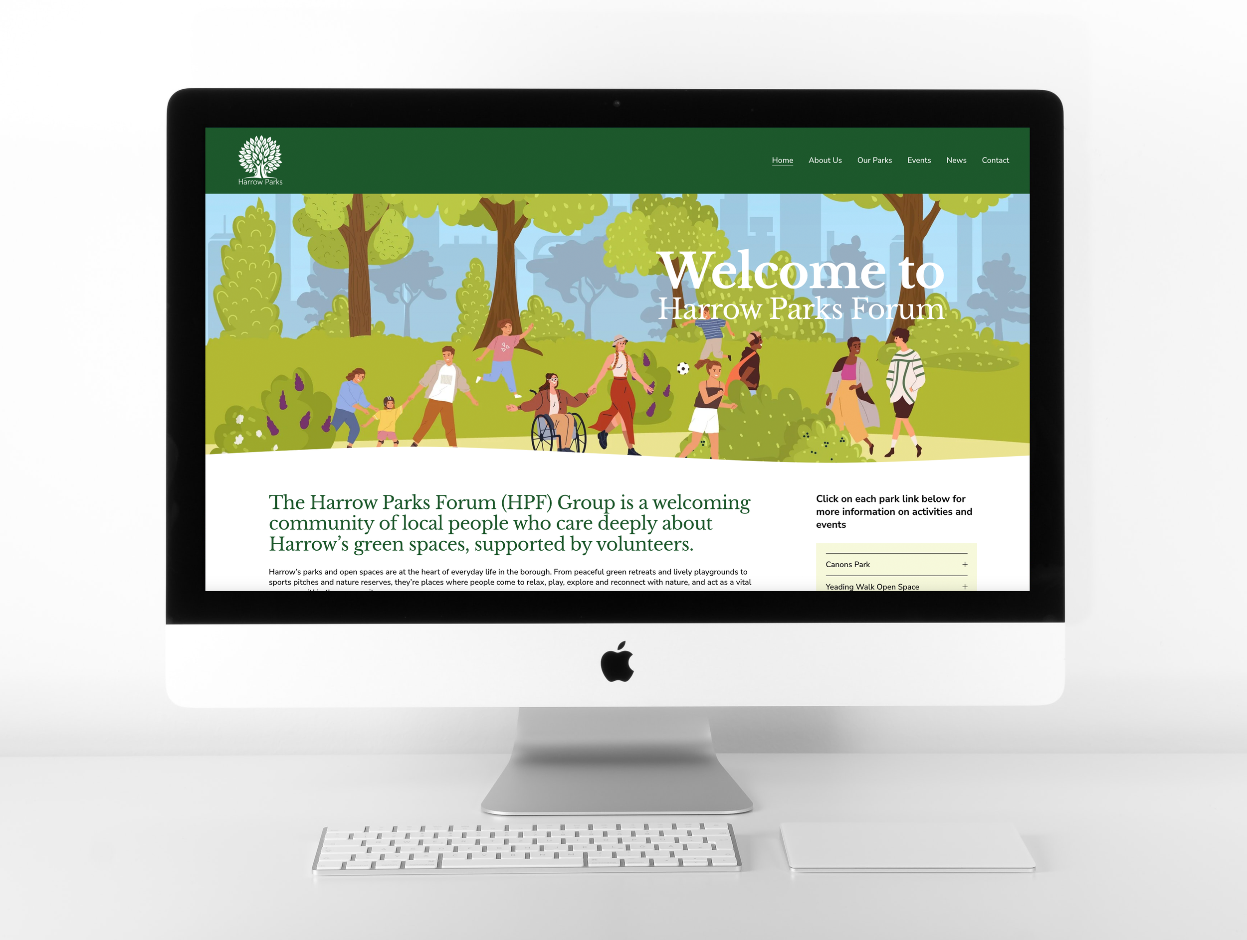 iMac computer displaying the homepage of Harrow Parks Forum website, featuring an illustration of a park with trees and people walking, socializing, and playing.