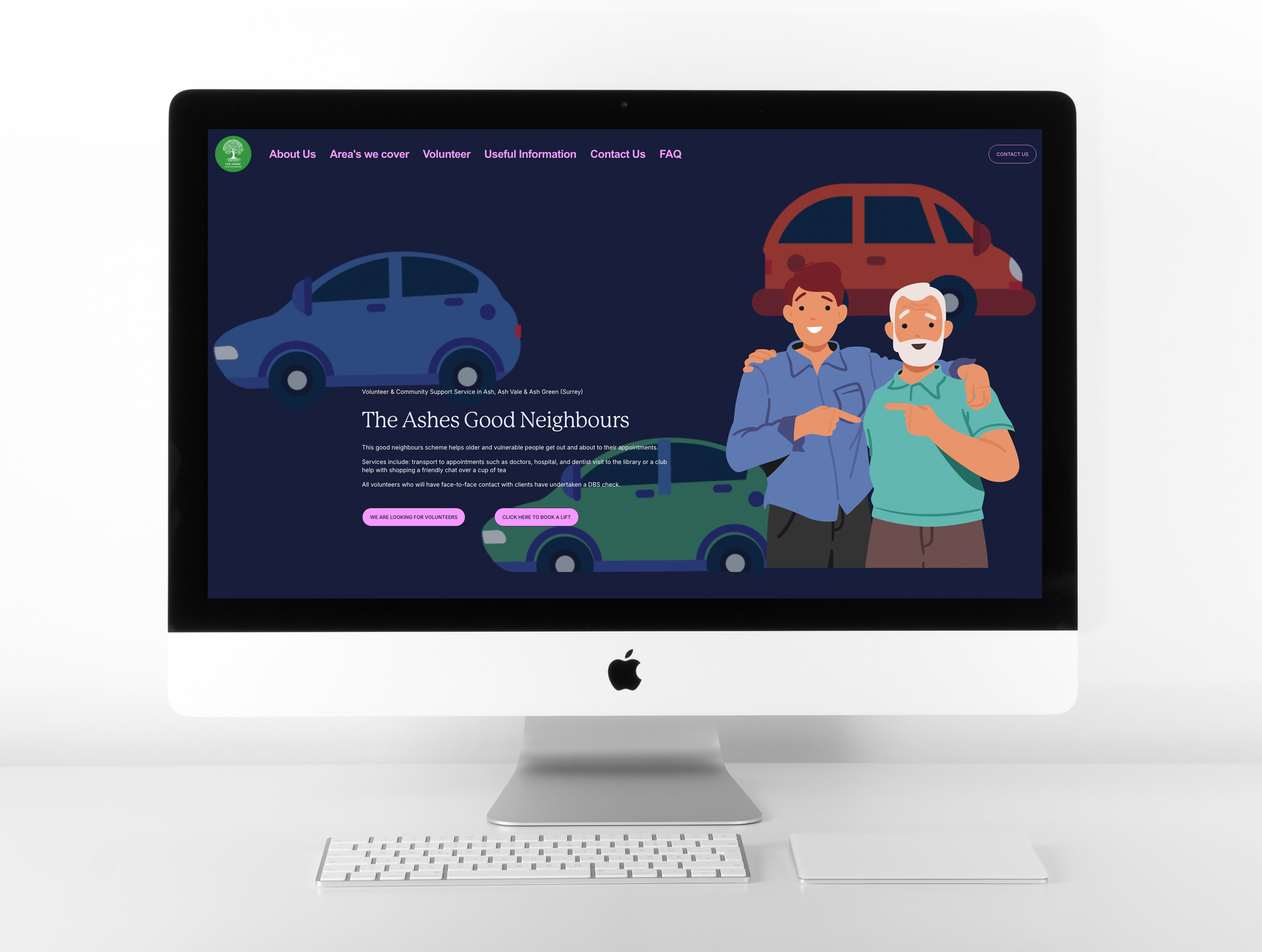 An iMac computer with a white keyboard and mouse displaying a website about a community support service called 'The Ashes Good Neighbours' featuring illustrations of two smiling men and cars.